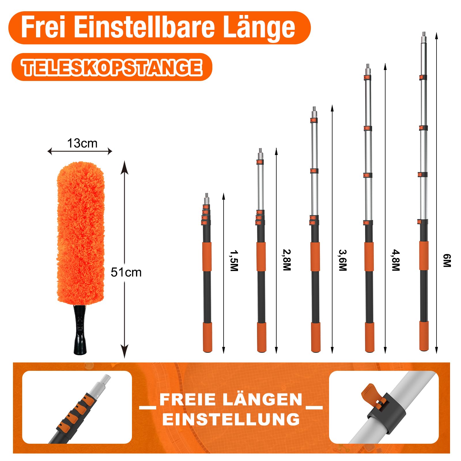 SISUPASSIE 6m Staubwedel Teleskop, Spinnwebenbesen mit Teleskopstiel, Staubwedel Waschbar für Sockelleisten, Wände, Fenster, Ventilatorblätter, hohe Decken und Spinnweben