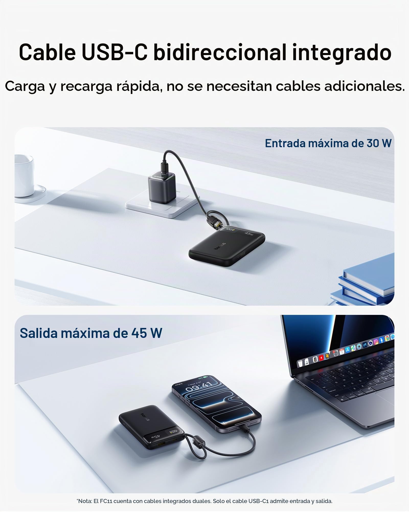 Baseus FC11 Powerbank 45W 10000mAh con 2 cables USB-C integrados, Power Bank Klein CCC Certificación con pantalla LED, baterías externas Mini para iPhone 17/16/15/14 Pro Max, iPad, Samsung