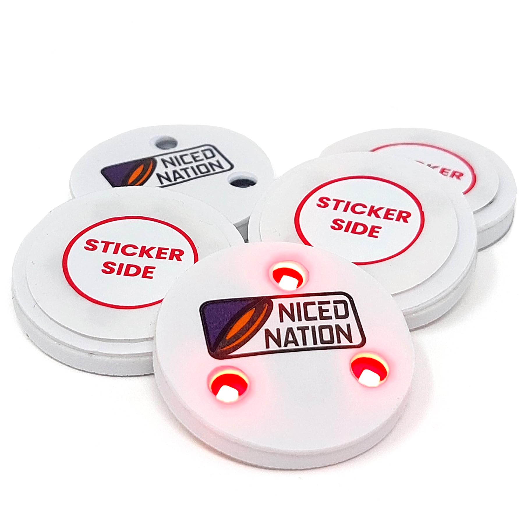 NICED NATION Red LED Stickers for Disc Golf Discs and Baskets – Play Disc Golf at Any Time of Day, Even in The Dark (Pack of 5)