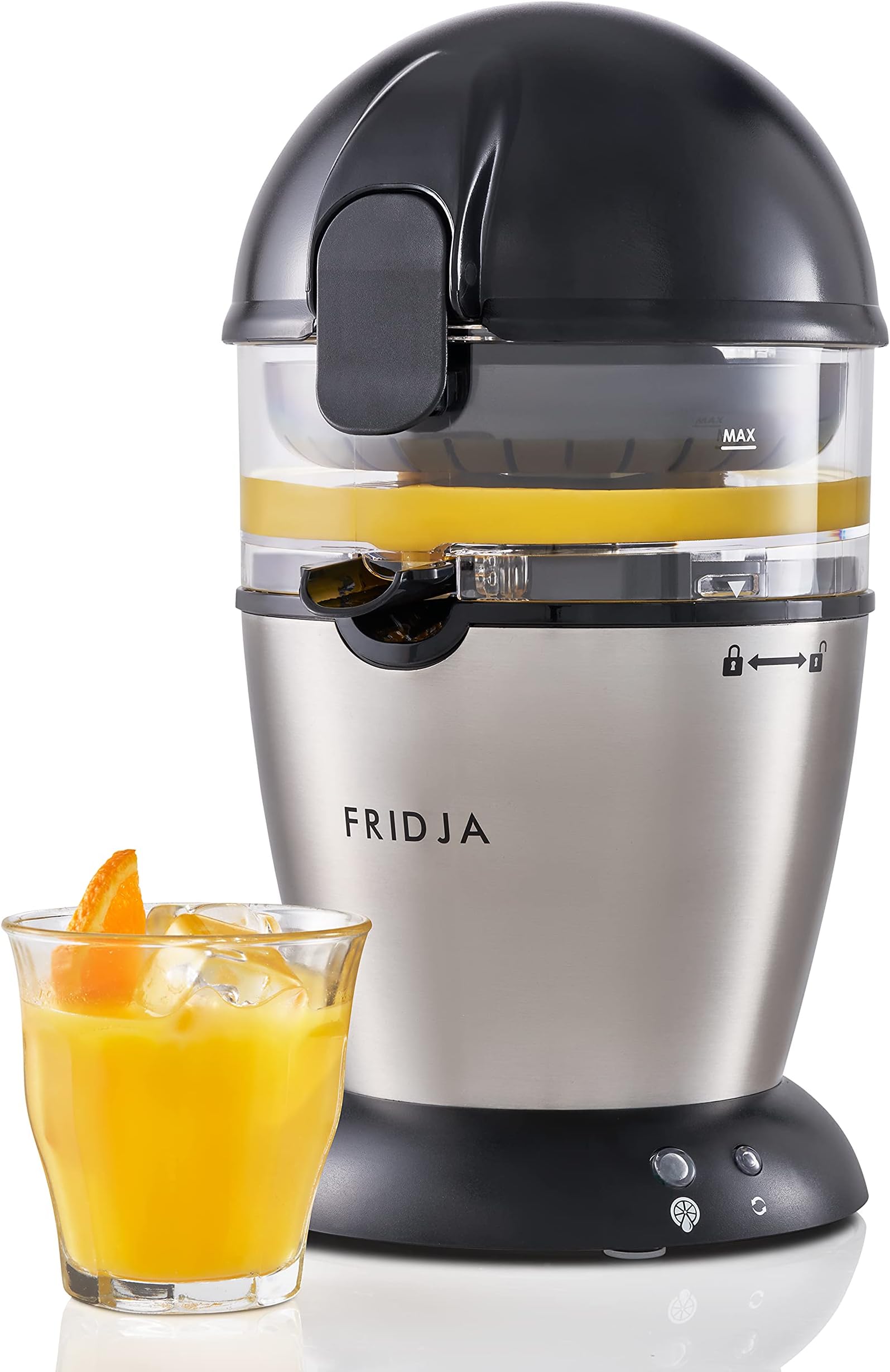 Automatic Citrus Juicer (One Button to Operate) No Spills, No Splashes, Easy Clean. Orange and Grapefruit Squeezer for Freshly Pressed Juice, Stainless Steel, 50 W, 400 milliliters, f900