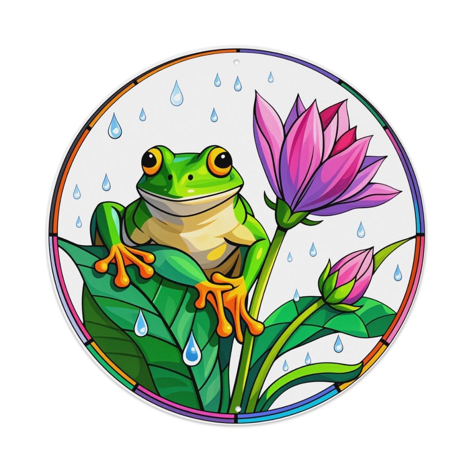 Frog Lotus Raindrops Leaves Circle Round Tin Sign Vintage Style Metal Sign Home Bar Garden Wall Plaque Decor Metal Poster 8x8 Inch