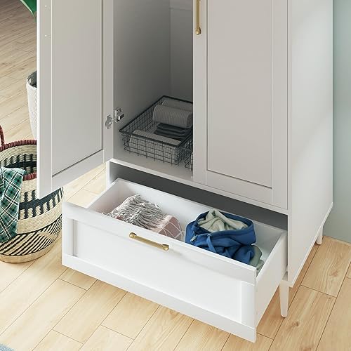 Miniatura 6 de Armario de Dormitorio, Clóset con Barra Colgante, Armario de 60" con 2 Puertas para Ropa con Cajones, Armario de Almacenamiento Moderno, Blanco