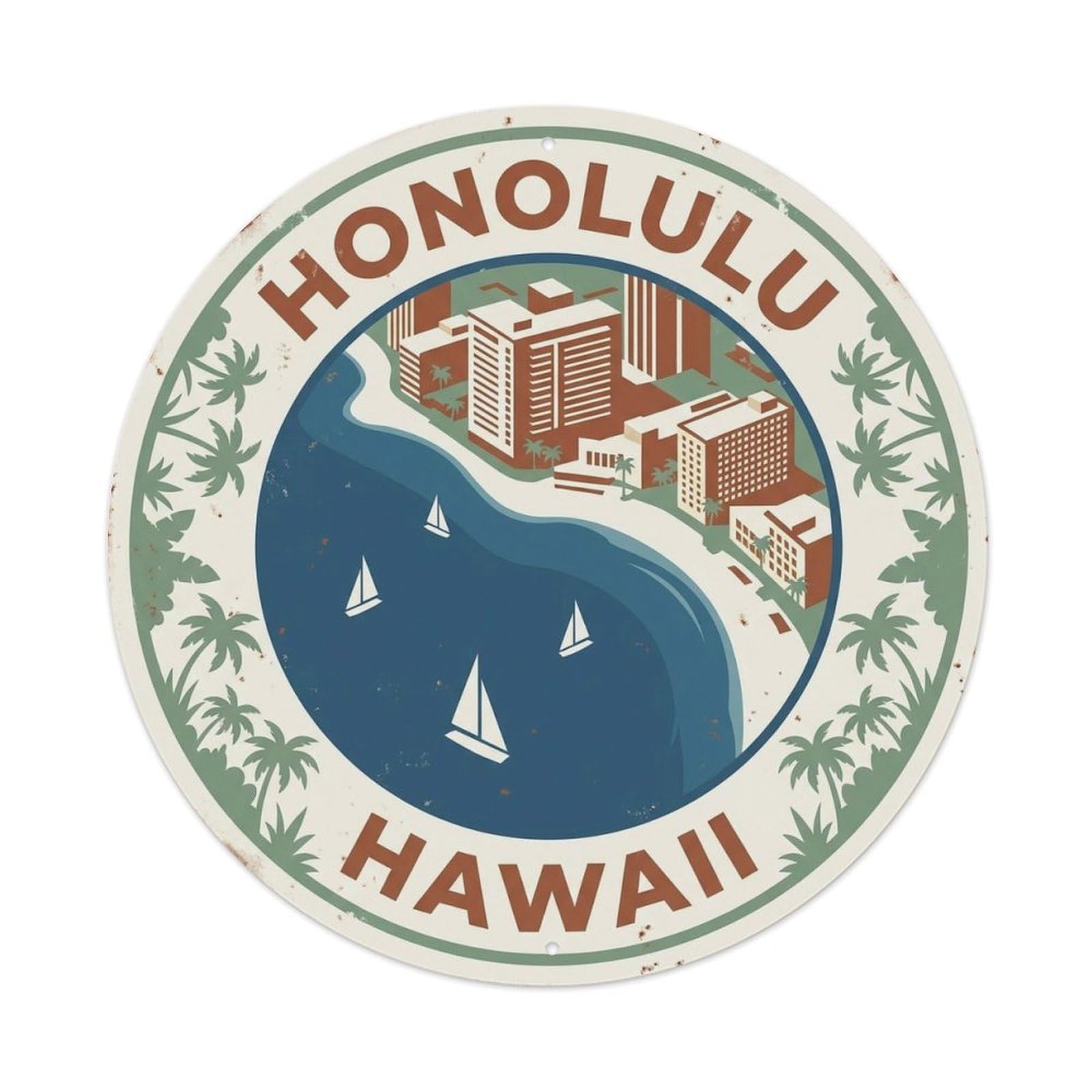 Olyhtr 8X8inch Classic Style Honolulu Hawaii City Coast Travel Harbor Landmark Metal Tin Sign