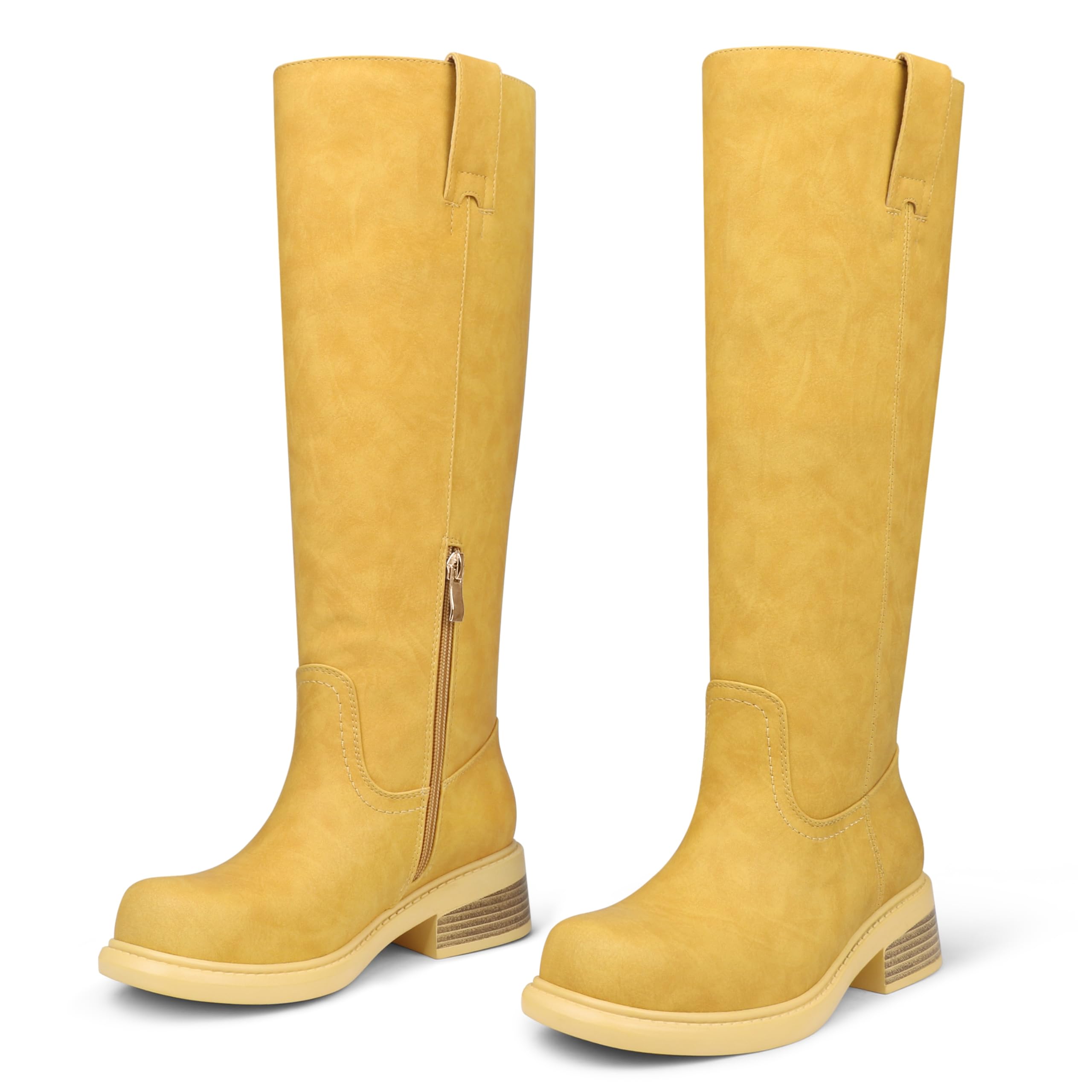 COLETER Womens Knee High Boots Chunky Block Low Heel Square Toe Side Zipper Tall Boots Comfort Fall Winter