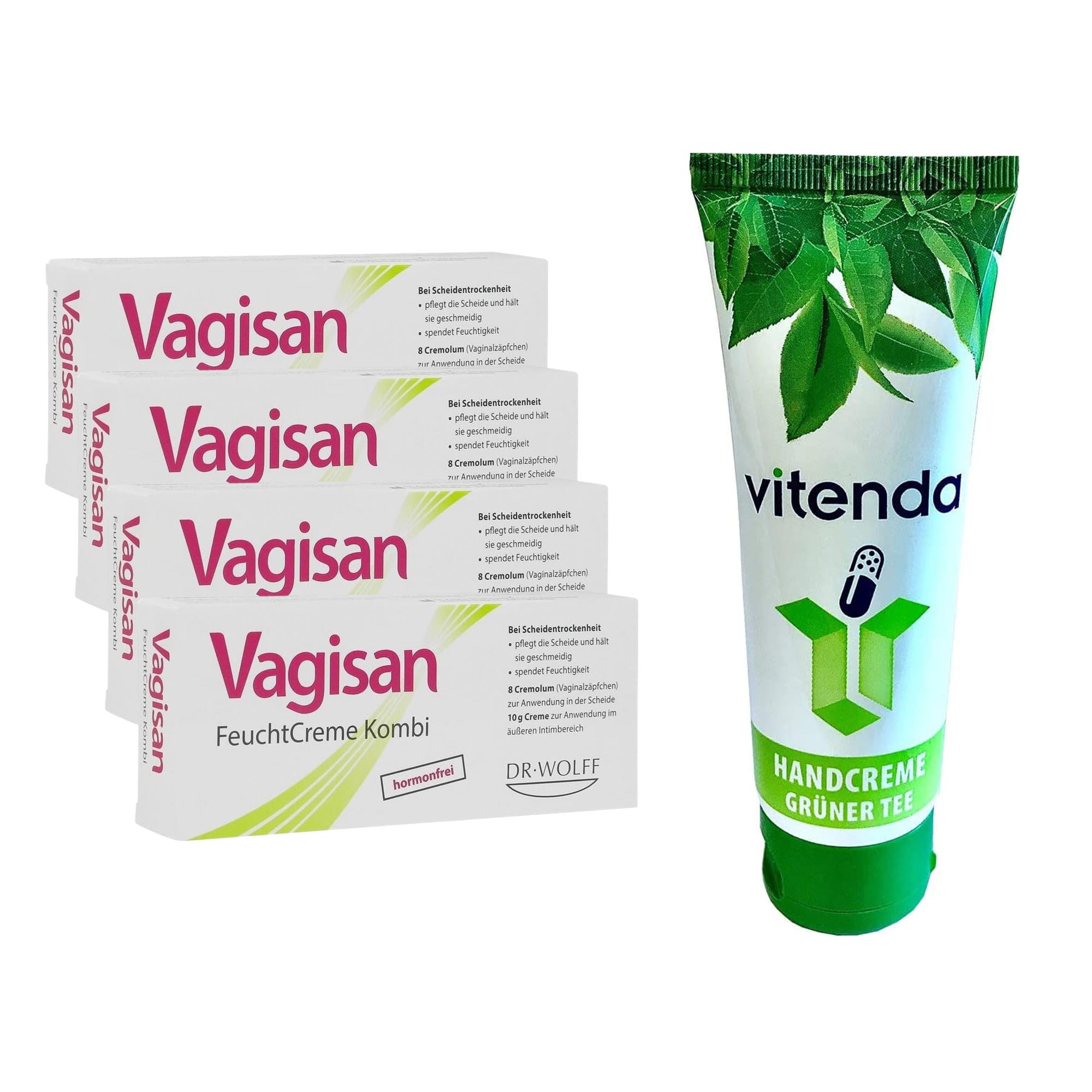 Set: Feuchtigkeitspflege bei Scheidentrockenheit Kombi mit Vagisan – hormonfrei, Zäpfchen & Creme, 4x1Stk – inkl. vitenda Handcreme