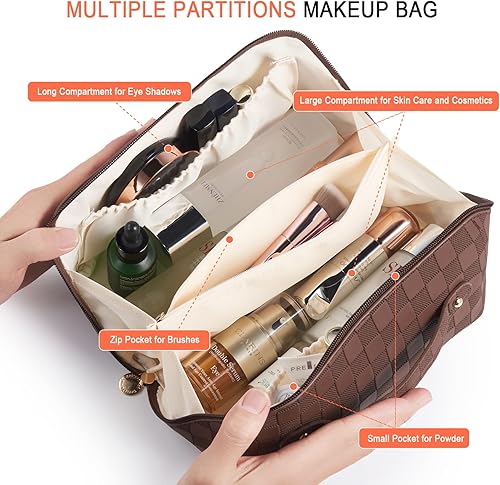 Miniatura 2 de iRealy Bolsa de cosméticos de viaje, organizador de maquillaje, bolsa de maquillaje de piel sintética de gran capacidad, se abre plana para un fácil