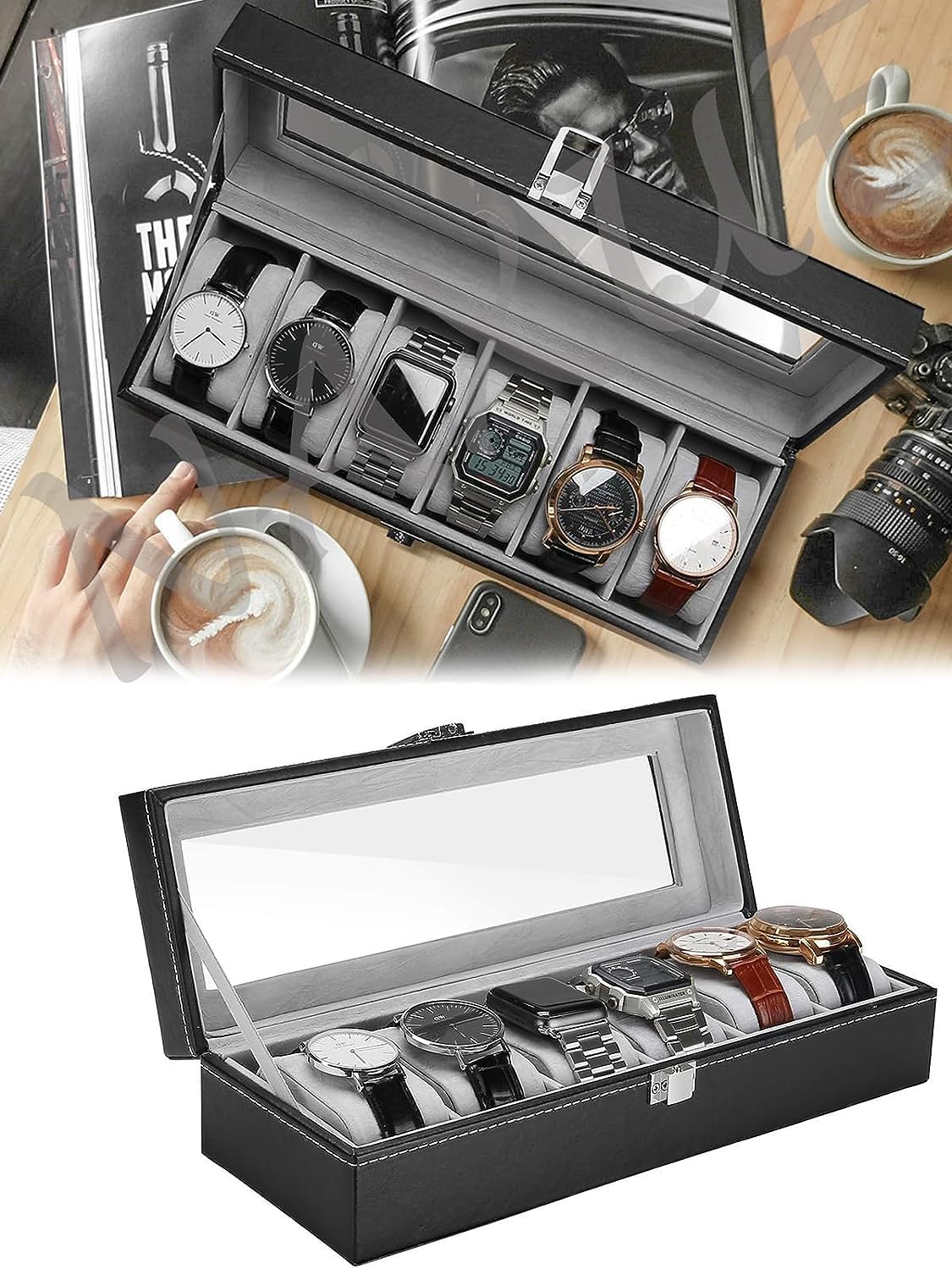 DIVUE 6 Slot Watches Storage Box Holder Organizer | Watch Box Organizer with Transparent Window | PU Leather Lockable Watch Case with Removable Watch Pillow for Men and Women (B0CHBF7FFR) Amazon Price History, Amazon Price Tracker