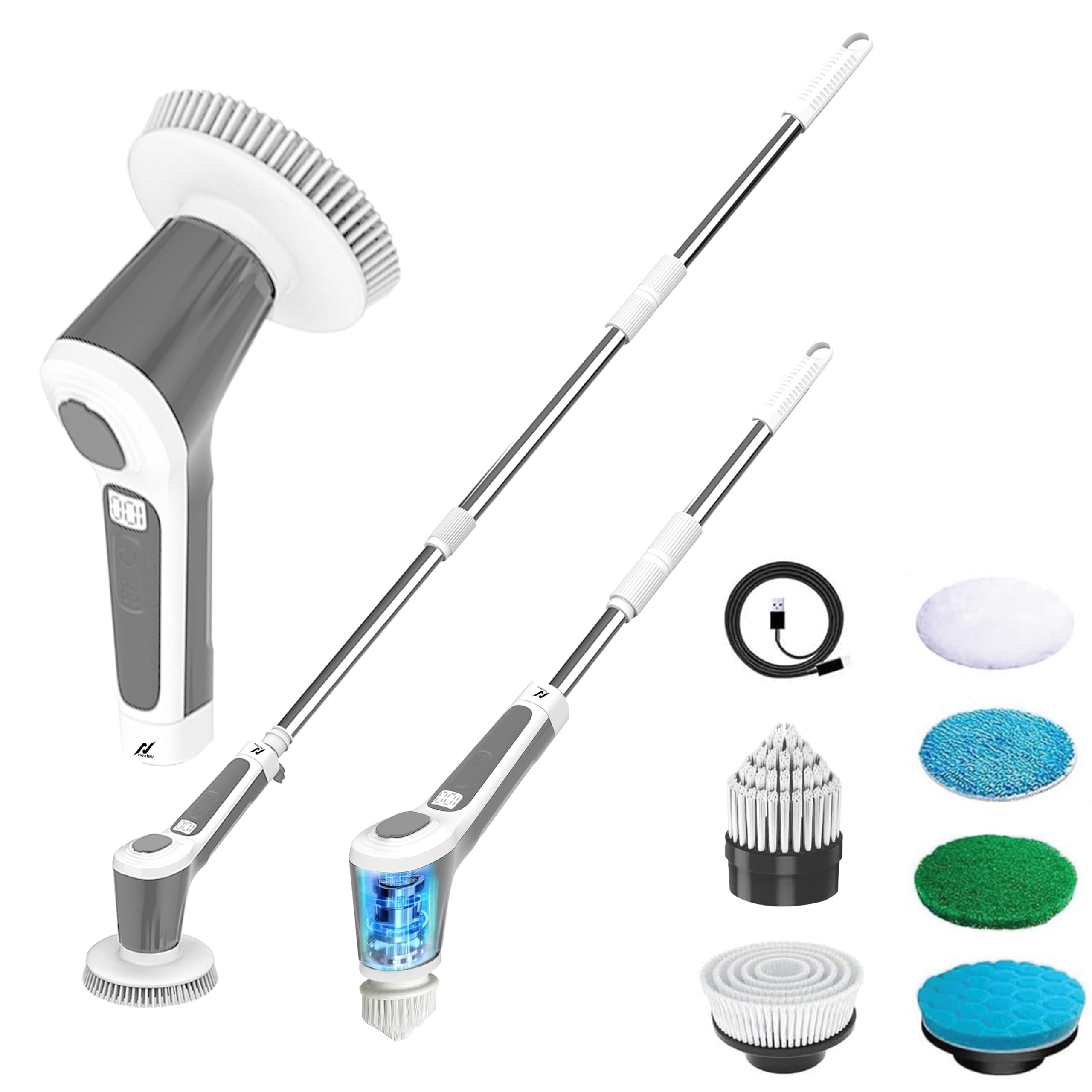 nexlev Electric Spin Scrubber | 4500 mAh Battery & Copper Motor| 90 min Run time| 2 Modes| Spray Function|Extendable Handle| 6 Brushes| IPX8 Waterproof |Cordless Type C| 1 Year Warranty (SS-01)