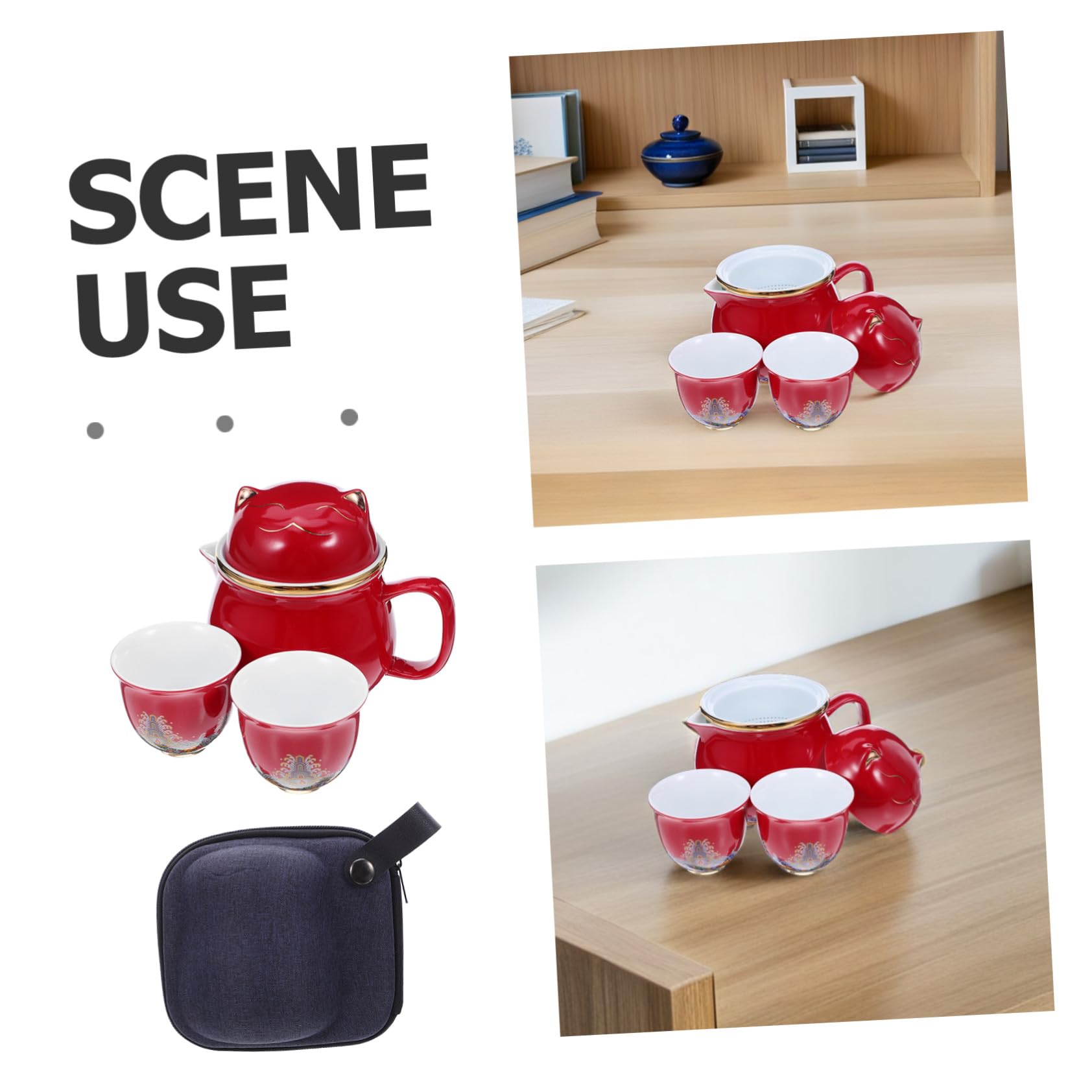 Service à Thé Céramique avec Motif Chat Portable Une Théière et Deux Tasses pour Bureau Voyage et Activités Extérieures