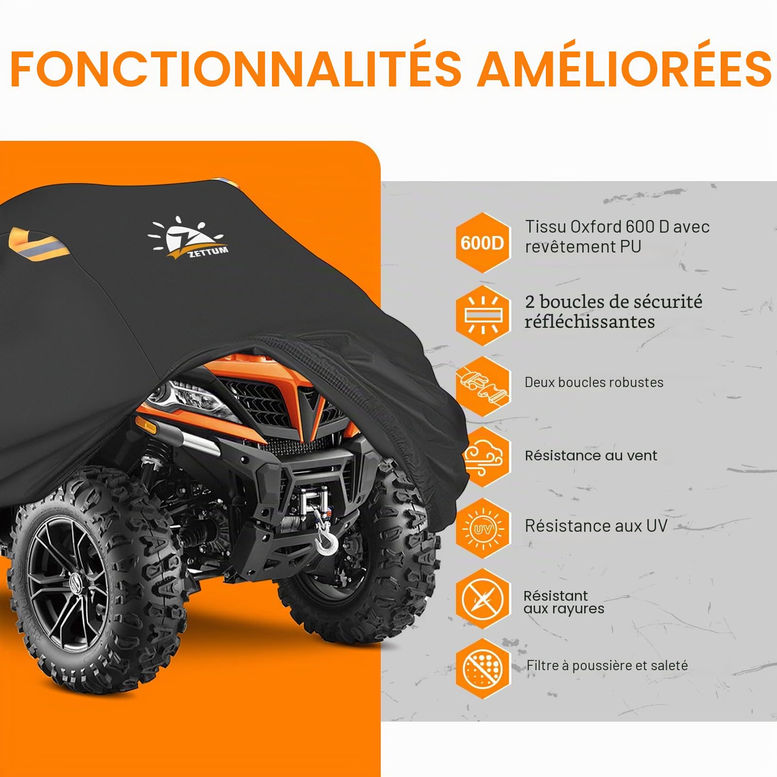 Zettum Bâche de protection pour quad, 241 cm, 600D, en polyuréthane, résistante et imperméable, pour l'extérieur, convient pour Polaris, Honda, Yamaha (241 x 121 x 121 x 121 cm)