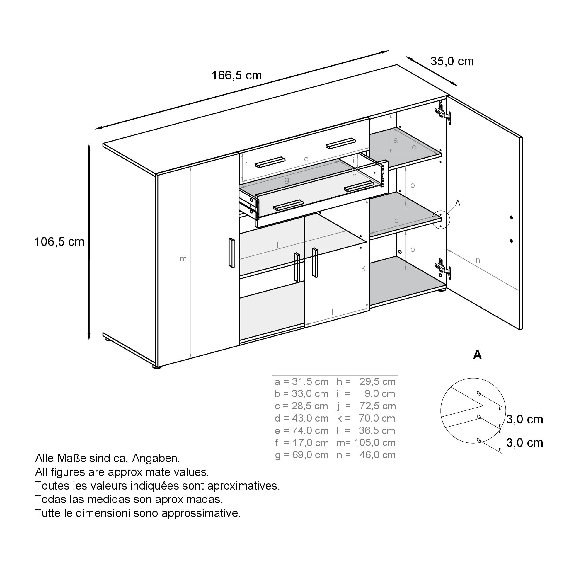 Vladon Highboard Aron Anrichte mit 2 Schubladen und 4 Türen mit insgesamt 8 Fächer dahinter, Weiß matt/Weiß Hochglanz (166,5 x 106,5 x 35 cm)