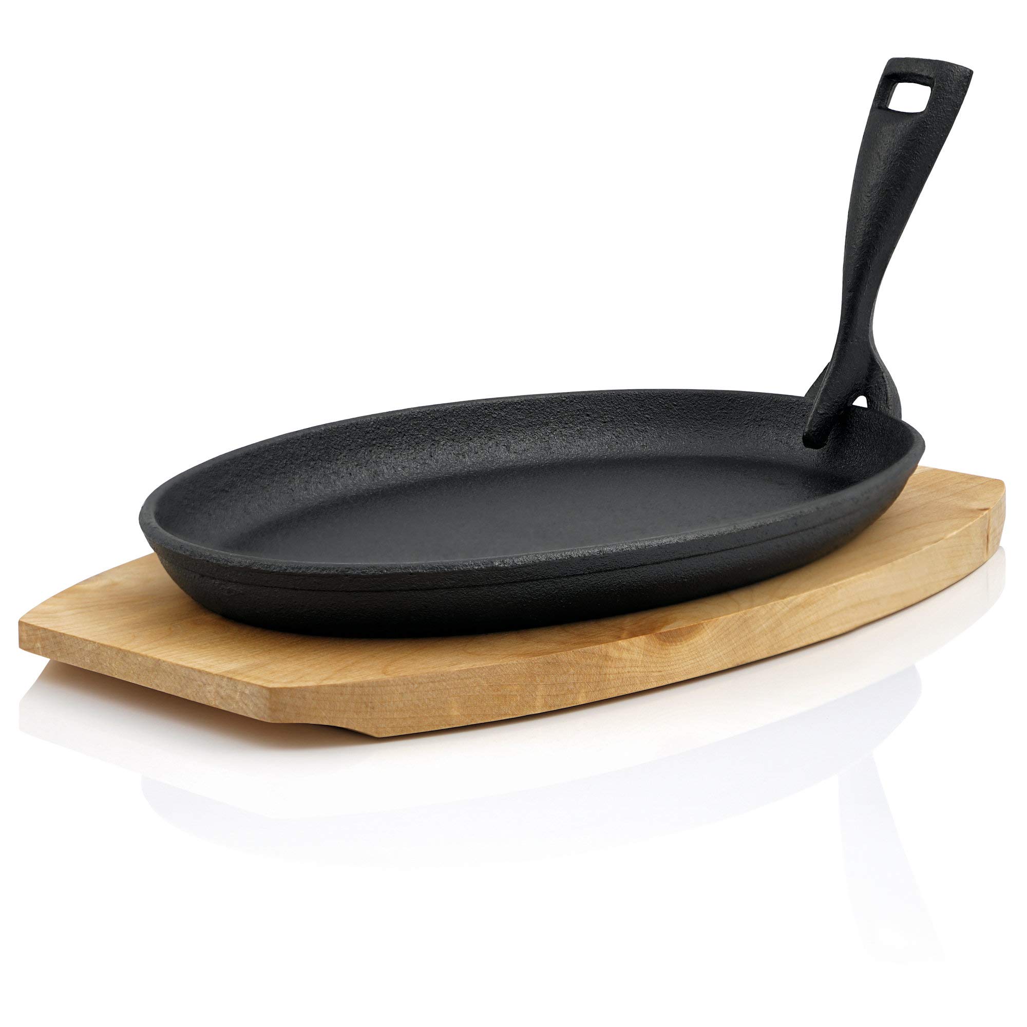 BBQ-Toro Patelnia do serwowania z żeliwa z drewnianym stojakiem (1 sztuka), 27 x 18 x 3 cm, owalna, już wypalana, wstępnie upieczona, patelnia grillowa ze zdejmowanym uchwytem, patelnia żeliwna do