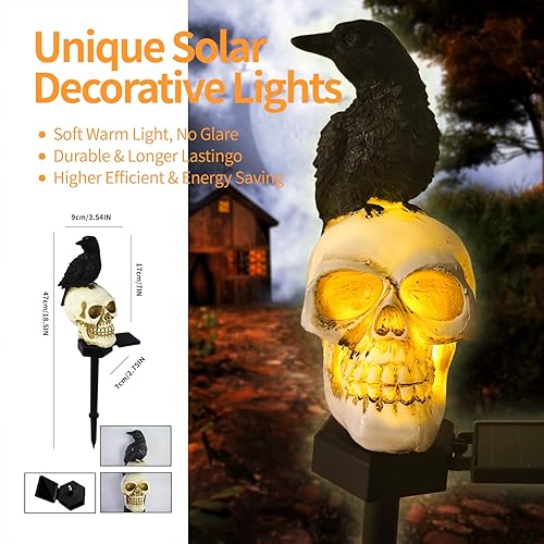 Miniatura 5 de QH & Garden Luces solares de Halloween para decoración al aire libre, luces de fantasma impermeables, estatua solar de calavera para jardín con