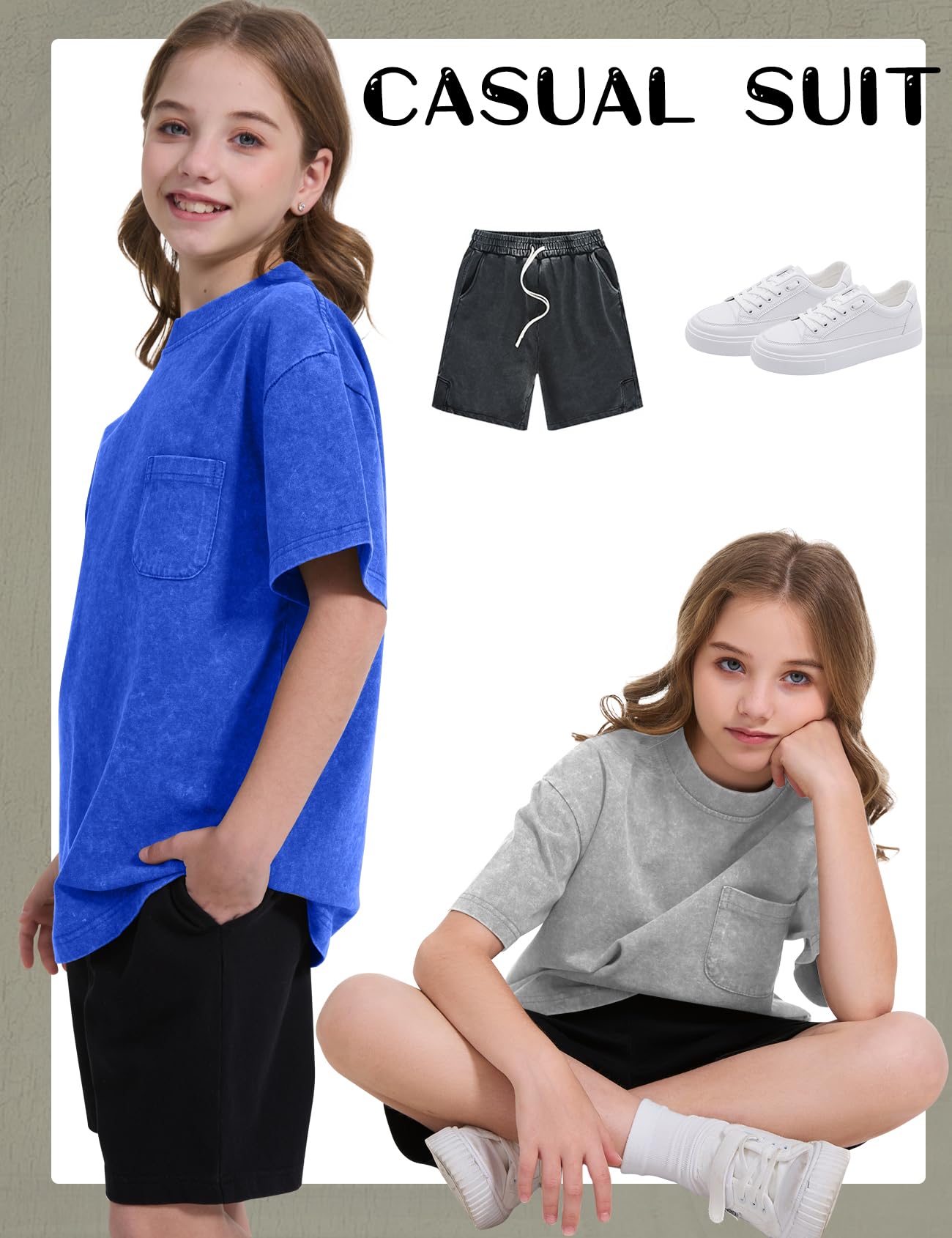 COZYPOIN Paquete de 3 camisetas unisex para niños y niñas, de manga corta, cuello redondo, lavadas al ácido, camisetas de verano de 5 a 14 años