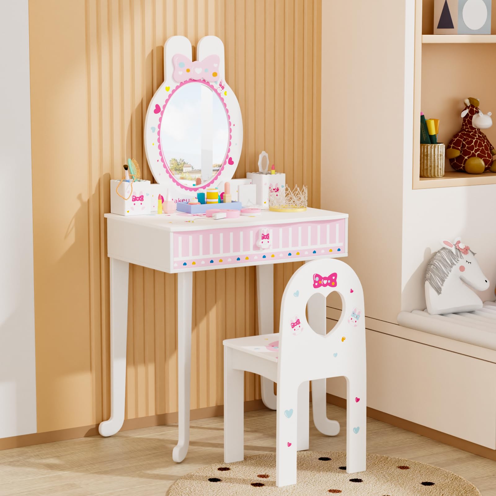 Bonnlo Coiffeuse pour Enfants 106cm, avec Miroir et Tabouret, Coiffeuse Enfant Fille avec Accessoires, Bureau 2 en 1 (Blanc)