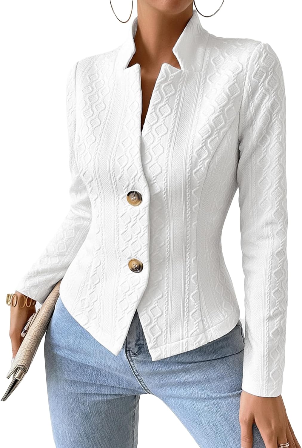 Mina Self 2026 Spring Women's Jacquard Sweater Blazer Jacket - Knit Slim Stand Collar V-Neck Full-Lined Petite Work Coat - Image 4