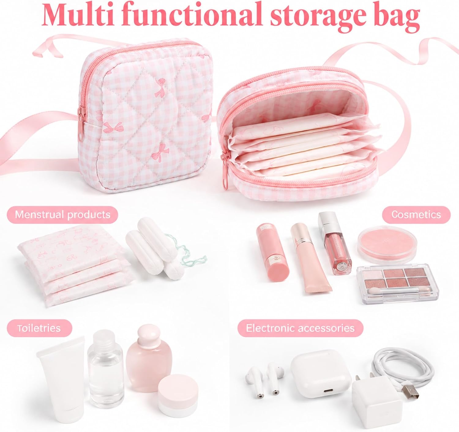 Period Bags for Teen Girls, Pink Bow Sanitary Napkin Storage Period Pouches for Teen Girls, Portable Menstrual Pad Pouch Tampon Holder for Purse, First Period Kit for Girls