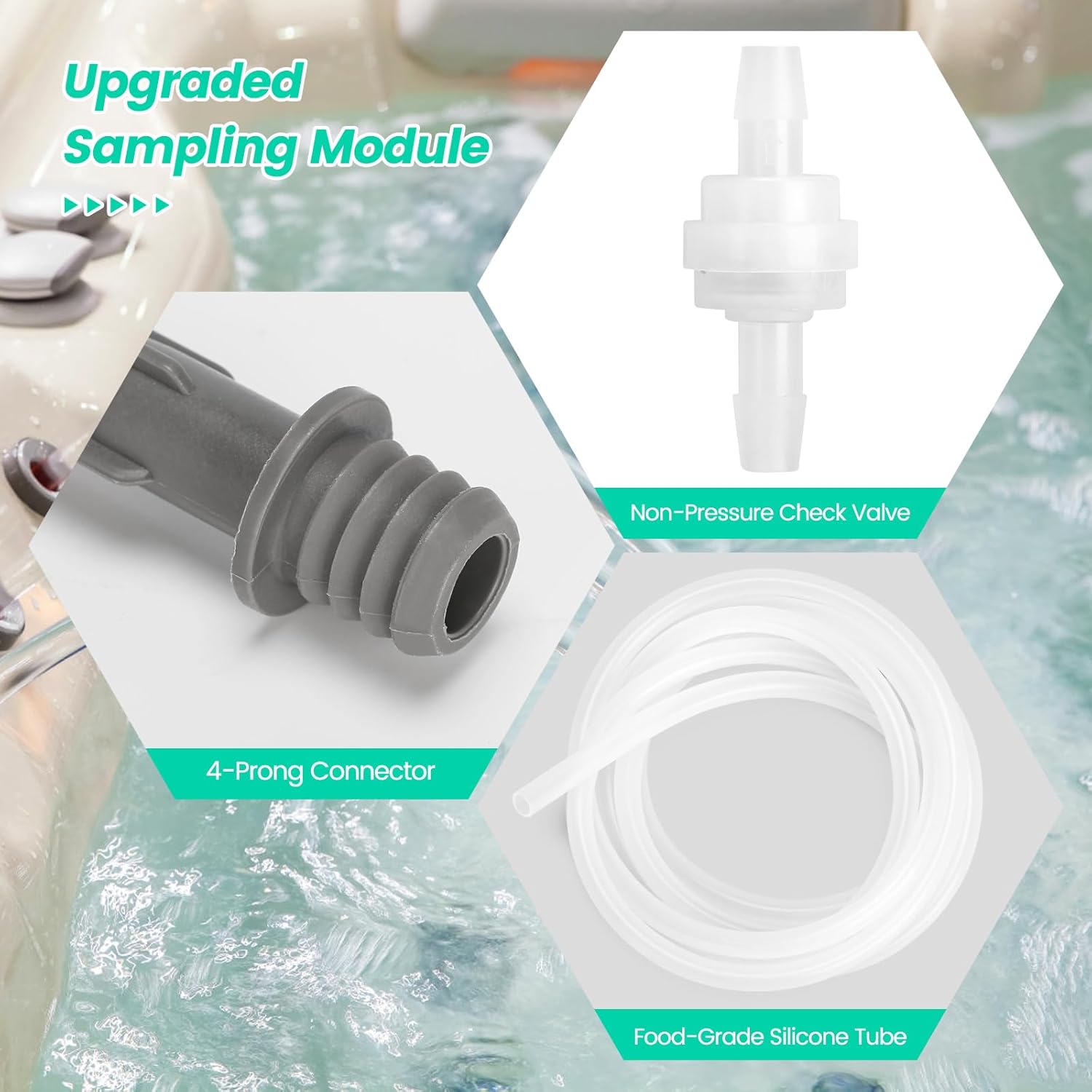 Components of the upgraded sampling module for the Briidea Ozone Generator, including a 4-prong connector, non-pressure check valve, and food-grade silicone tube.