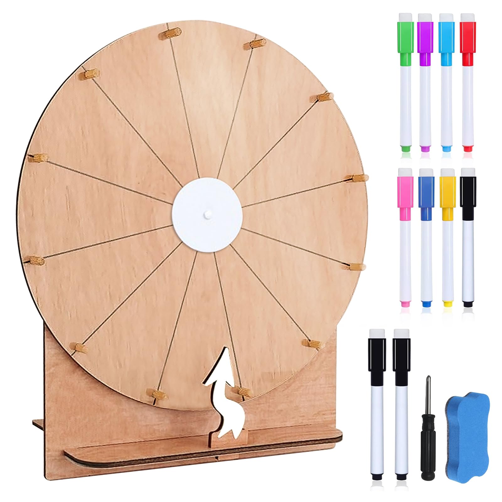 Set di ruote della fortuna grande da 30 cm, con supporto e pennarello, ruota della fortuna in legno, per fai da te, gioco cancellabile, per feste, scuola, famiglia (colore legno)