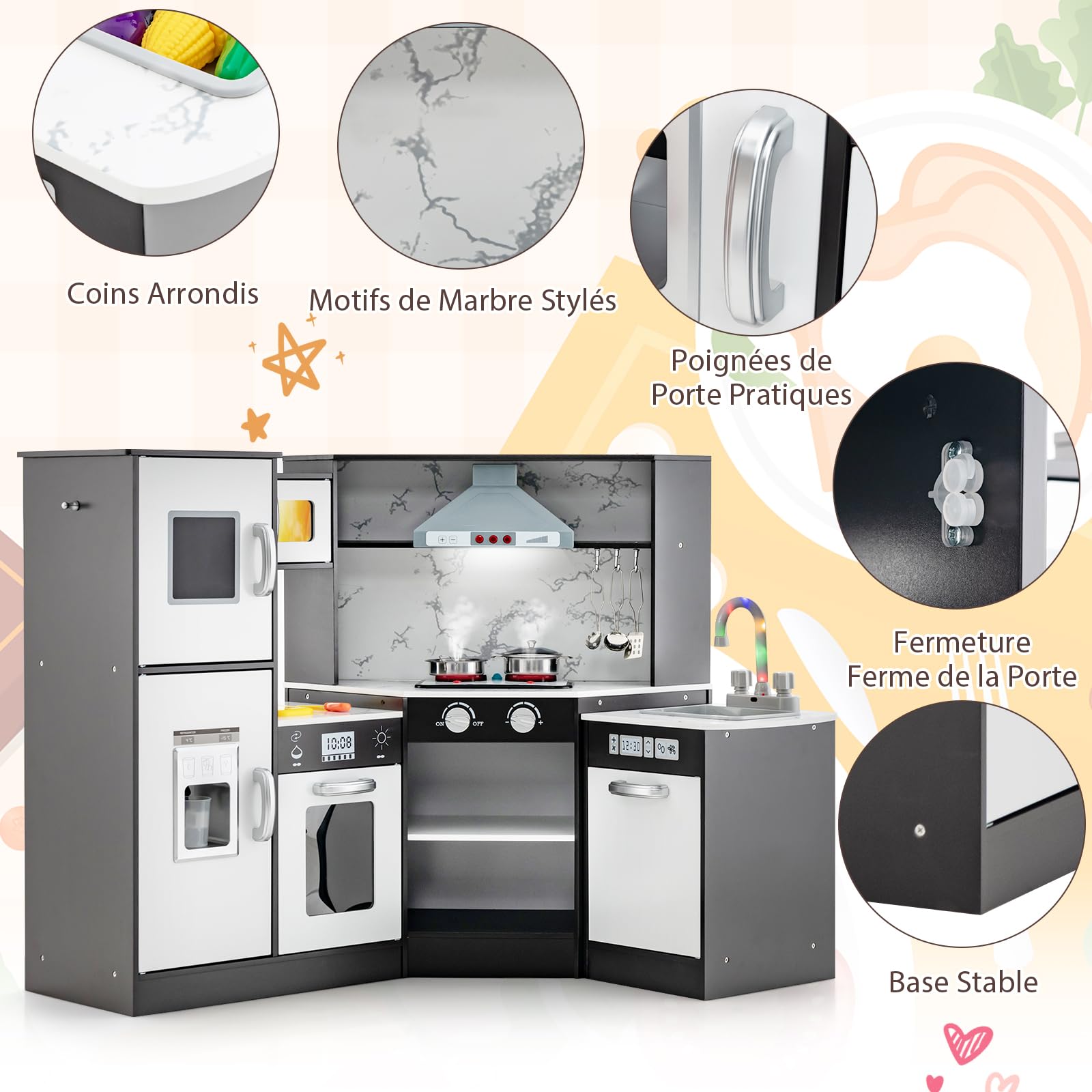 GOPLUS Cuisine en Bois Enfant, Cuisine d'angle avec Tableau Noir, Hotte, Micro-Ondes, Four, Effets Lumineux et Sonores, Accessoires Riches, Jouet d'Imitation pour Enfant 3+ Ans (Café)