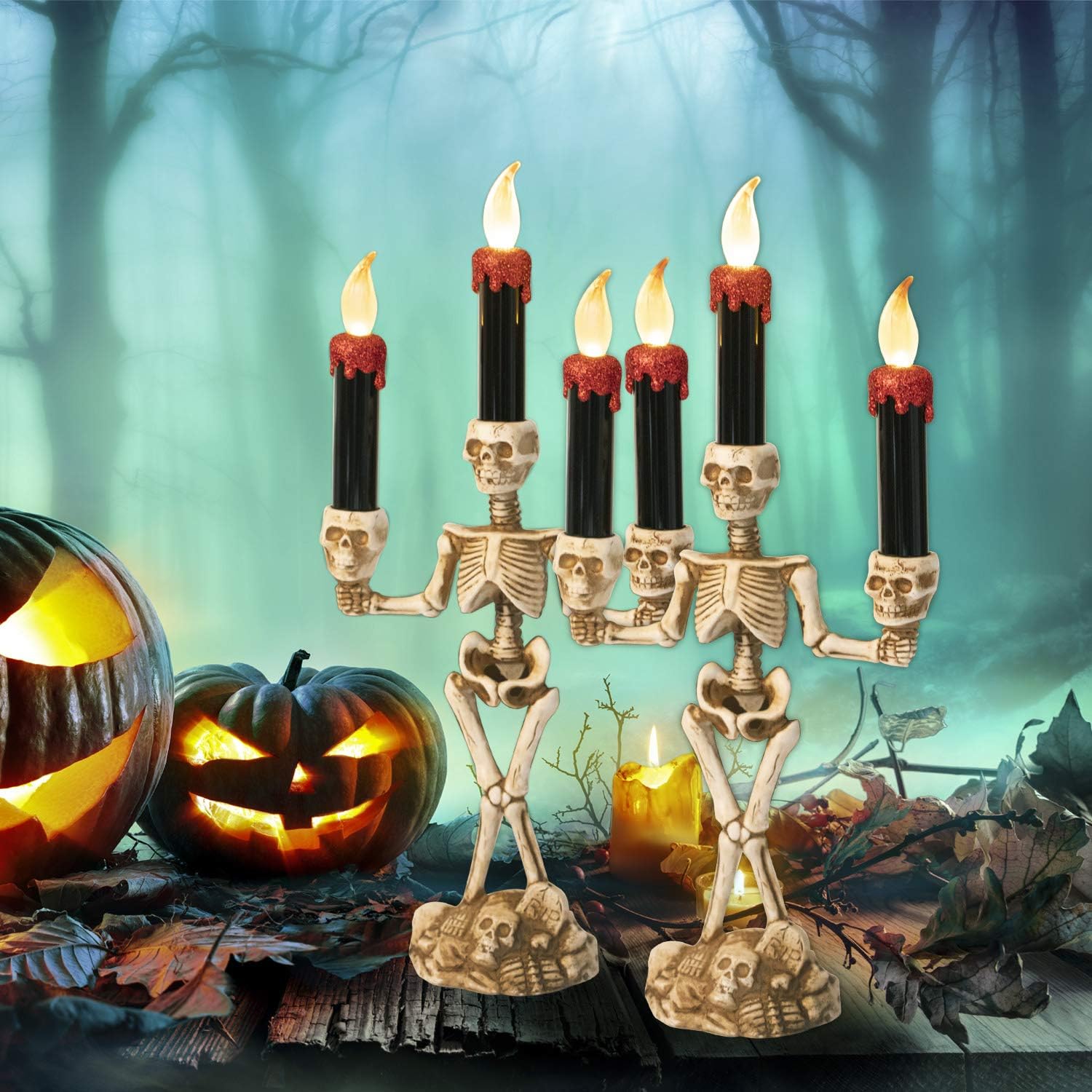 KI Store Skeleton Halloween Candelabra with Black LED Candles Set 20-Inch Gothic Decorations for Fireplace Mantel Table Centerpieces (Black and White)