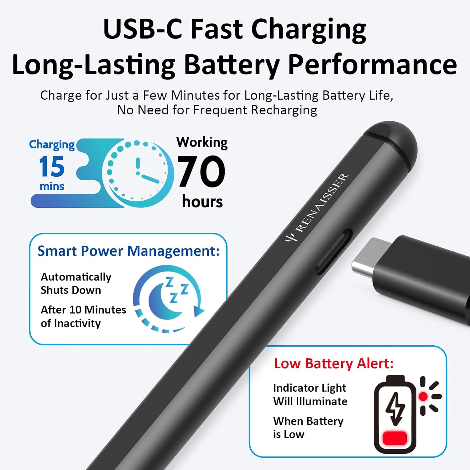 Taiwan RENAISSER Stylus Pen for Microsoft Surface, Designed in Houston, Made in Taiwan, Palm Rejection, USB-C Fast Charging, Pen for Surface Pro 11/10/9/8/7, Surface Go/Laptop Dark