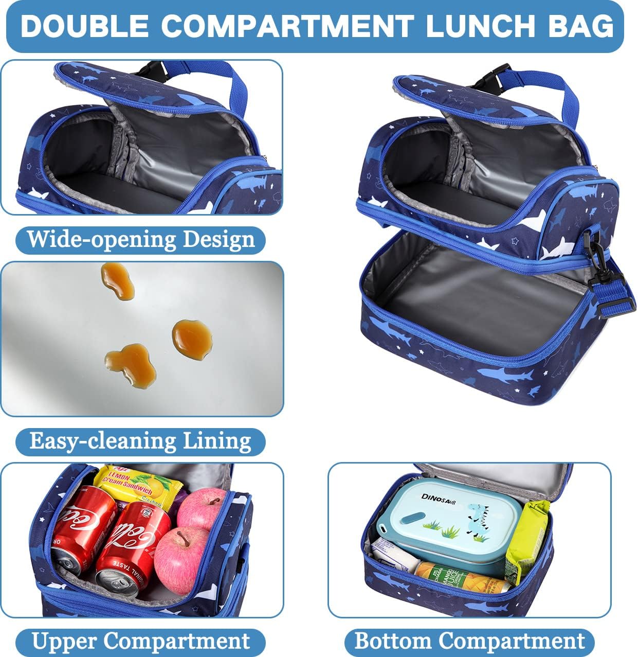 VASCHY Lunch Box Bag Kids, Insulated Two Compartments Cooler Bags for Boys Girls w Shoulder Strap for School,Daycare,Kindergarten,Picnic Shark