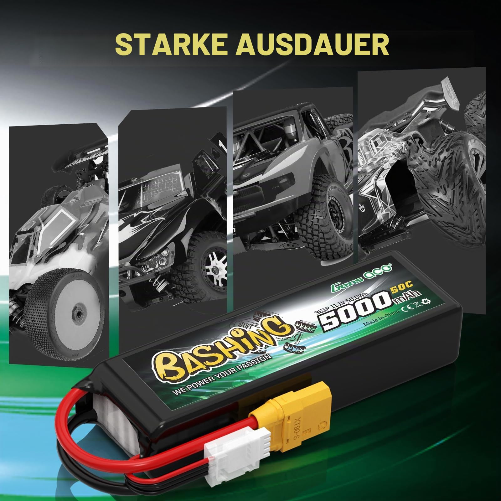 Gens Ace 3S LiPo Akku 11.1V 5000mAh 50C mit XT90 Stecker Bashing Batterie für 1/8,1/10 RC Auto RC Flugzeug, RC Hubschrauber, RC Hobby