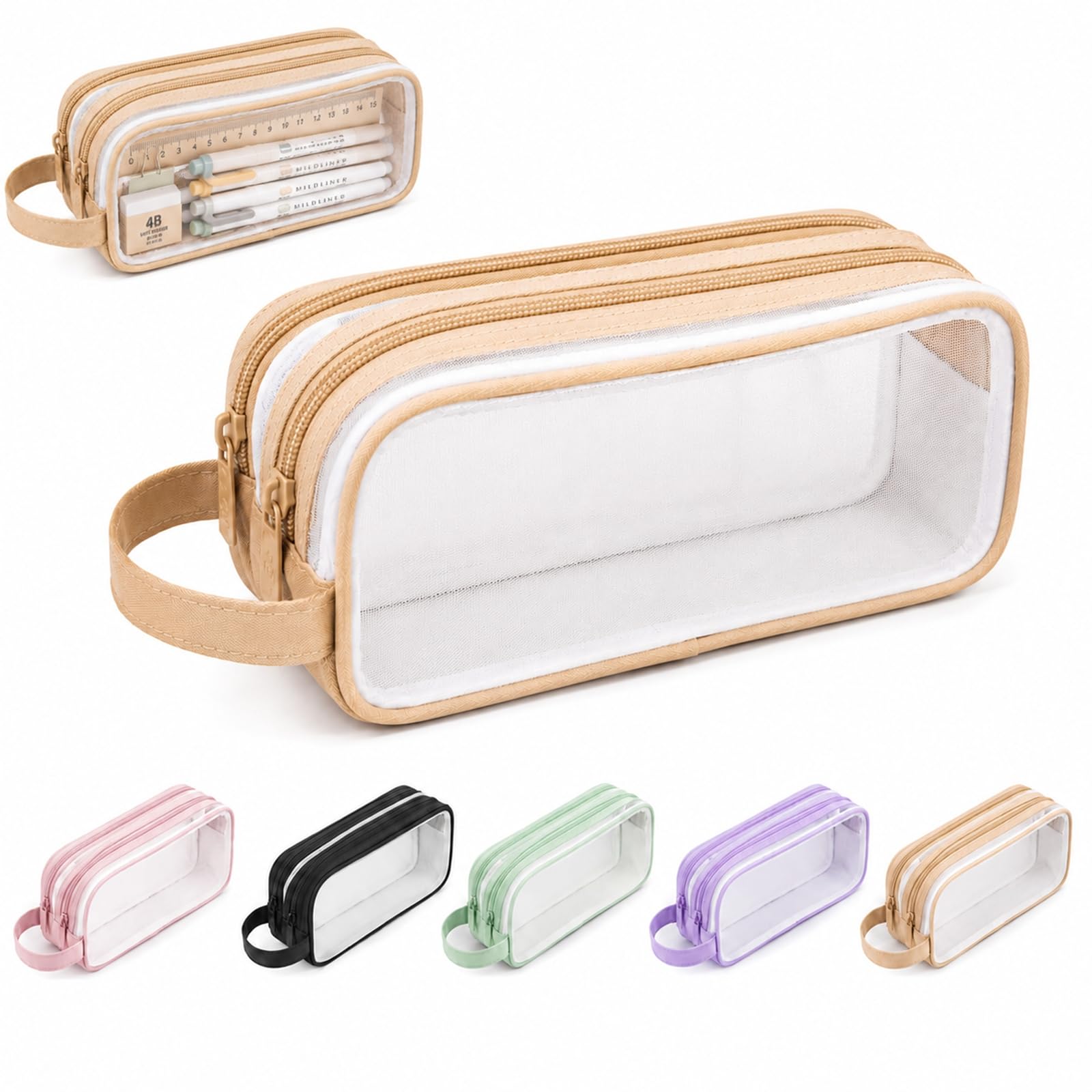 WHJYCC Clear Mesh Pencil Case, Large 2-Compartment Stationery Pouch, Beige