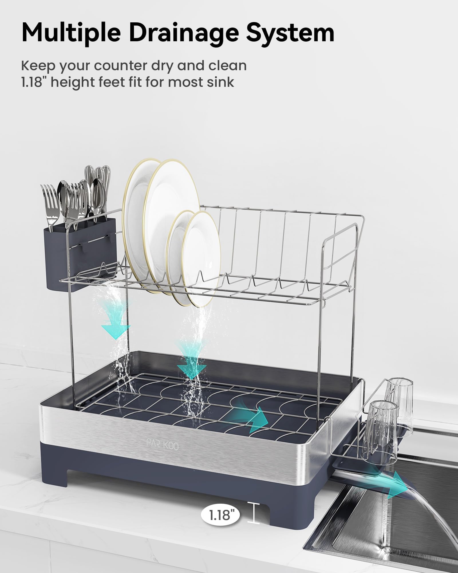 ParKoo Escurridor de platos, extragrande de 2 niveles para encimera de cocina, escurridor de platos de acero inoxidable con boquilla giratoria, estante grande multifuncional con soporte para