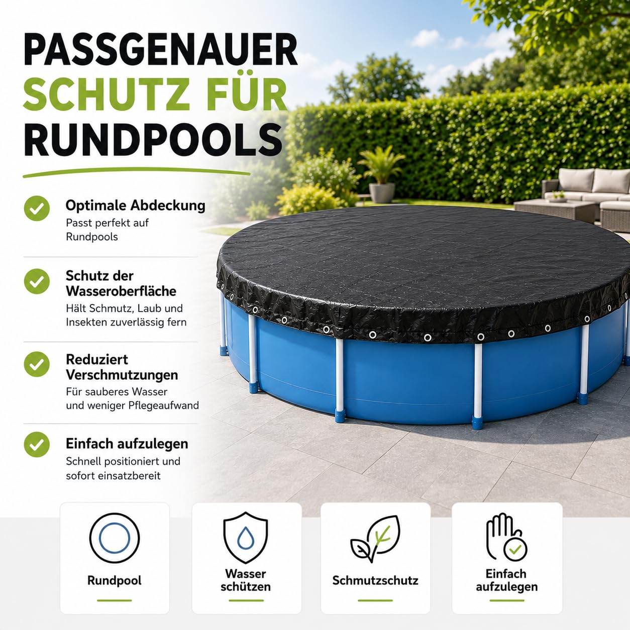 Bâche de piscine ronde - Extra forte 200 g/m² - Bâche solaire résistante aux UV pour été et hiver - Bâche de piscine robuste en noir (366-400 cm (Ø 460 cm)