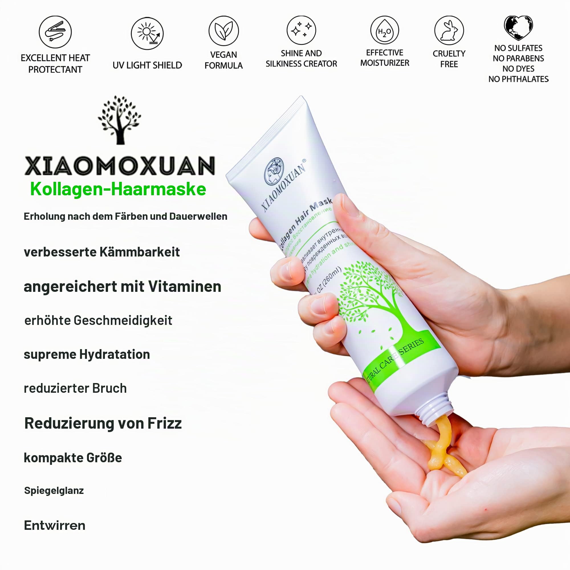 Xiaomoxuan Kollagen-Haarmaske mit Bio-Teebaumöl für trockenes & geschädigtes Haar – Tiefenpflegende & feuchtigkeitsspendende Behandlung, natürliche Splis-End-Reparatur, 260 ml