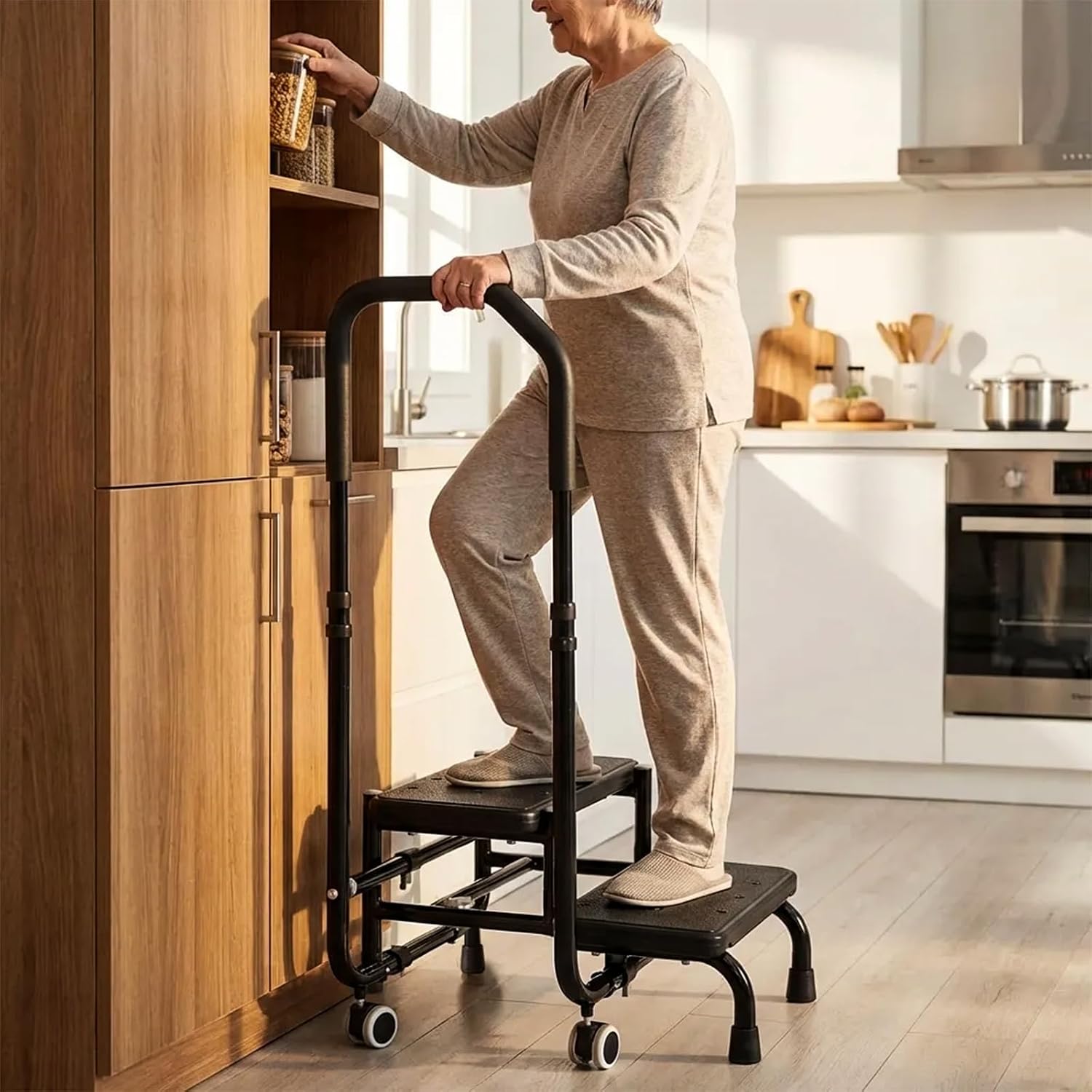 2 Step Stool for Elderly Seniors with Adjustable Handrail Wheels | Heavy Duty 300lbs Capacity, Non-Slip, Bedside Steps for High Beds Adults