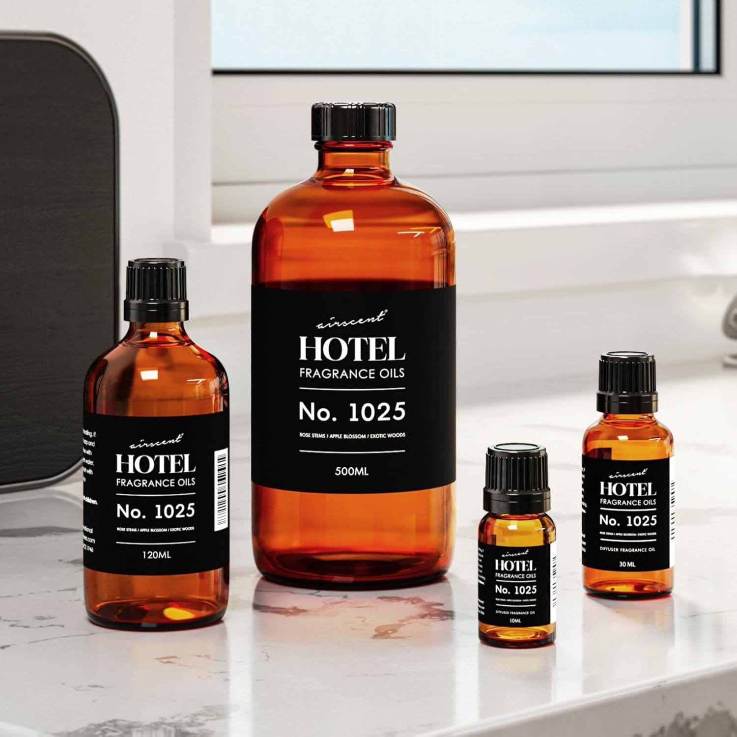 AirScent Hotel Diffuser Oil No. 1025 - Rose Stems Apple Blossom Exotic Woods - Hotel Scent Dupe Fragrance Oil for Ultrasonic and Waterless Diffusers and Crafting - 500 mL, 16.9 fl oz Glass Bottle