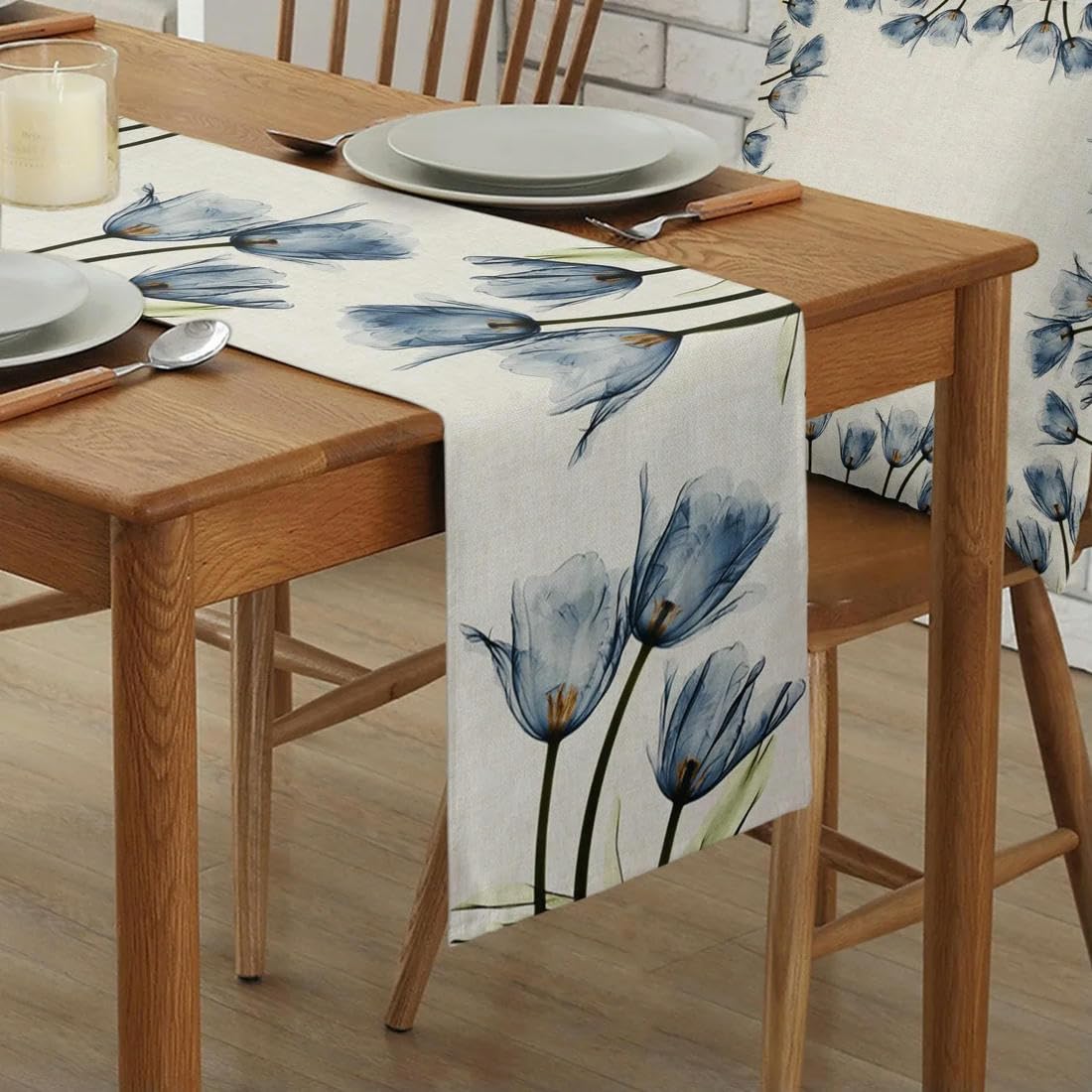 Runner Da Tavolo In Lino Con Stampa Fiori - Decorazione Cucina E Sala Da Pranzo, Lavabile E Idrorepellente - Foto 1