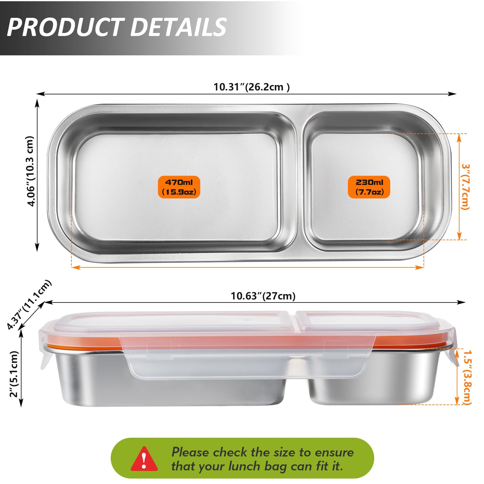Greentainer Stainless Steel Snack Box with 2 compartments, Snack Container, Bento Box Lunch Container with Lid - Image 2