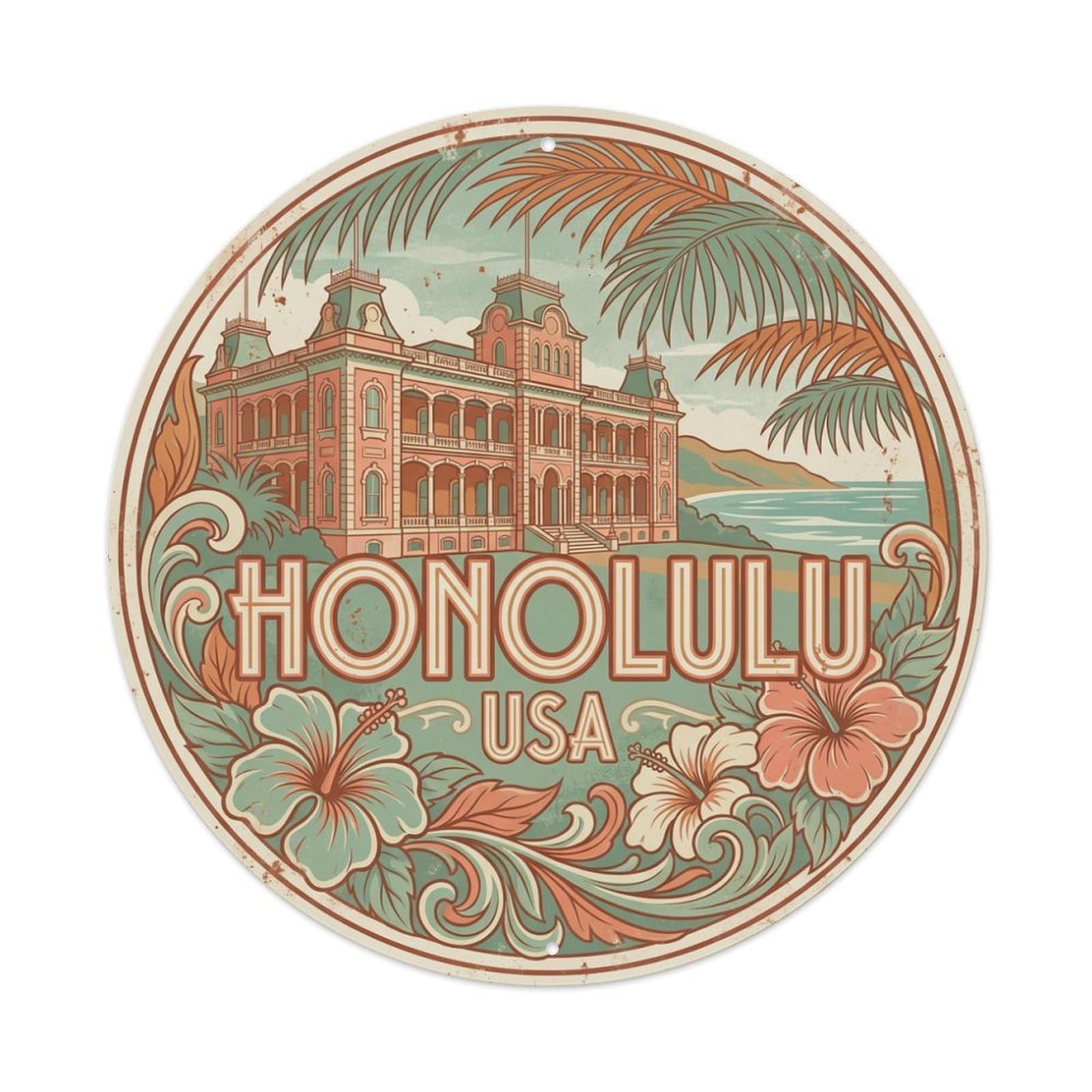 Vintage Travel Honolulu Hawaii Tropical Metal Tin Sign