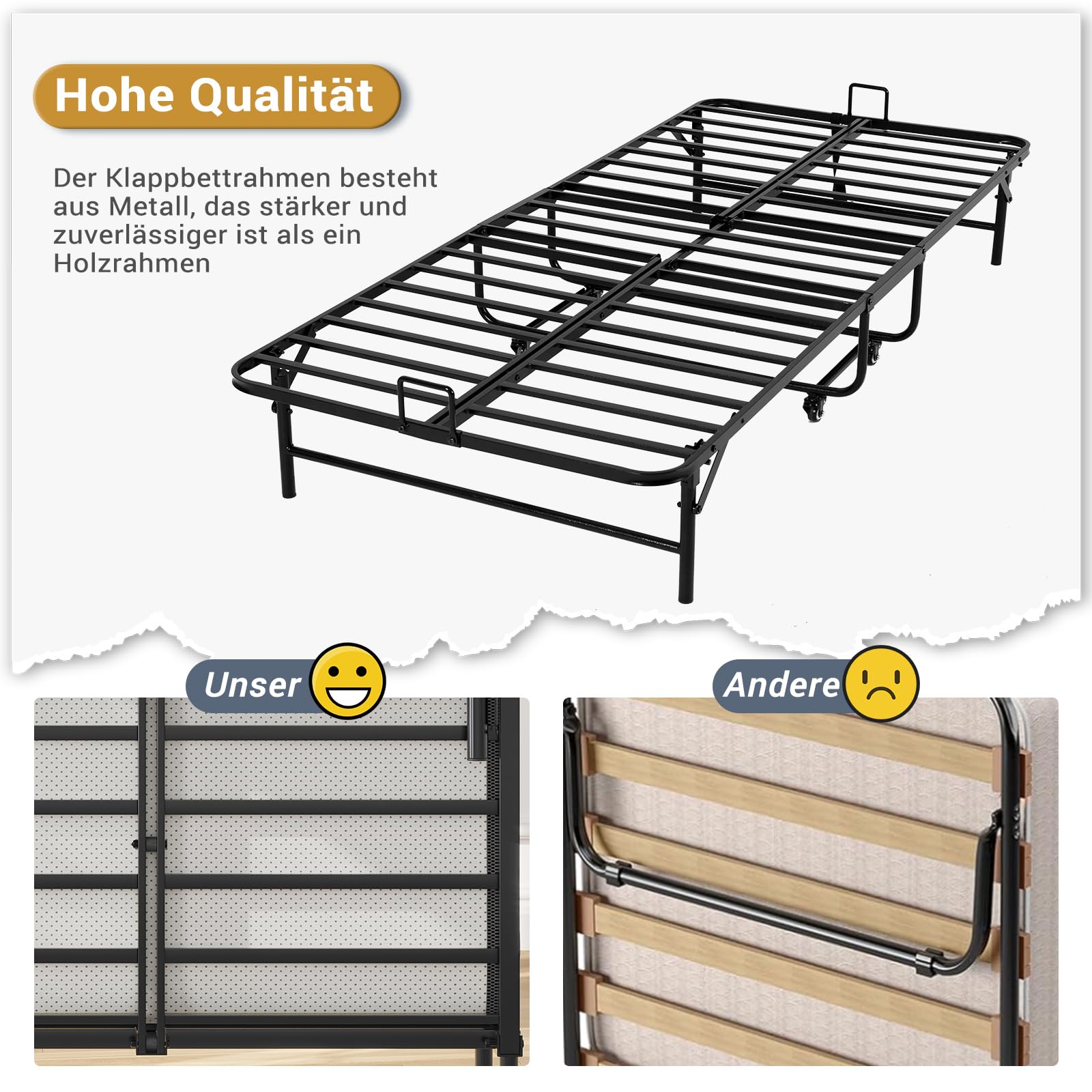Brinlawb Gästebett Klappbar 90x200 cm mit 10cm Dicker Schaumstoff Matratze Klappbett 90x200 Erwachsene Langlebiger & Robuster Metallbettrahmen mit 4 Laufrollen Faltbares Reisebett bis 200 kg belastbar