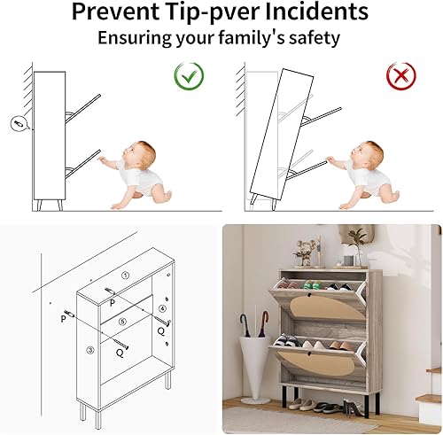 Miniatura 9 de ZeHuoGe Gabinete de zapatos de ratán natural con 2 cajones abatibles, organizador de zapatos blanco con puertas circulares de ratán, armario de