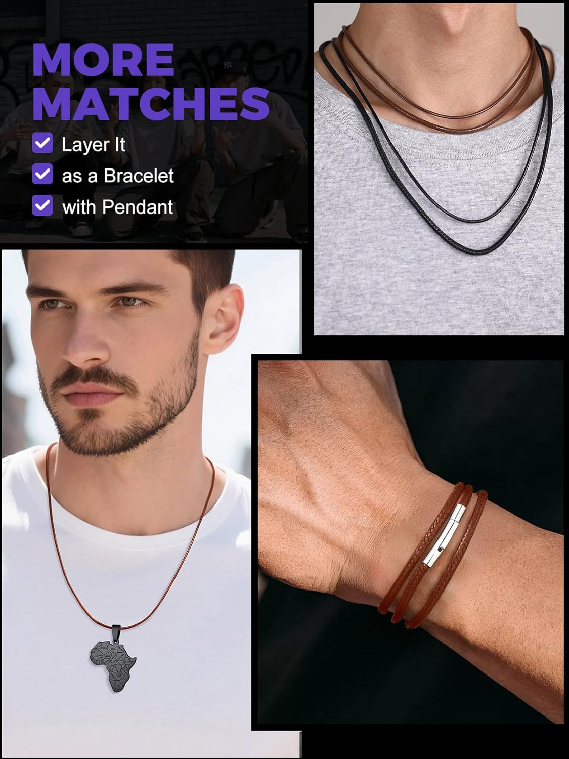 Richsteel Black/Brown Braided Wax Rope Necklace for Men Women 2/3mm Wide Leather Necklace with Customizable Stainless Steel Clasp Waterproof (with Gift Box) - Image 3