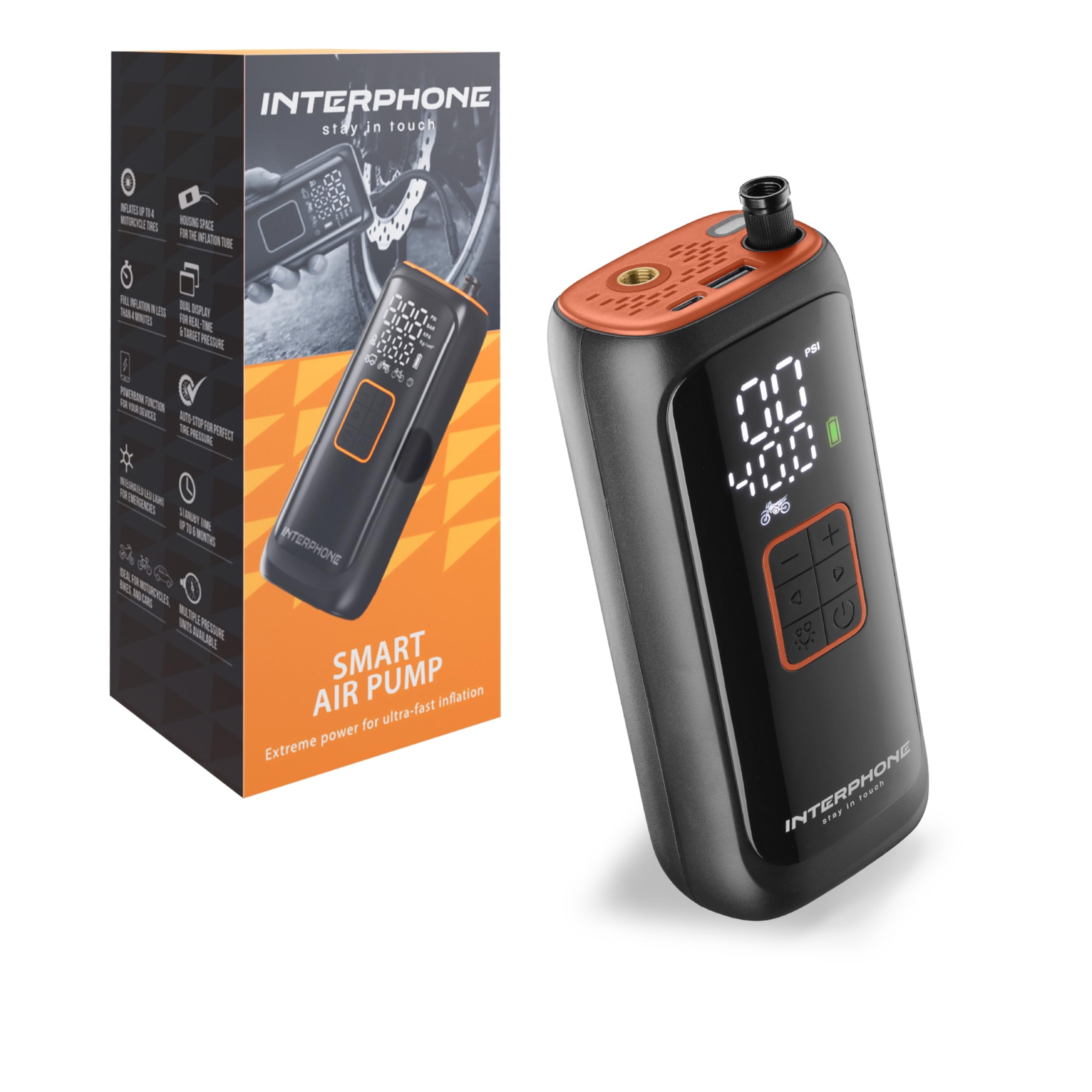 Interphone Motorradzubehör – Gegensprechanlagen, Smartphone-Halterungen, LED-Scheinwerfer und Kompressoren
