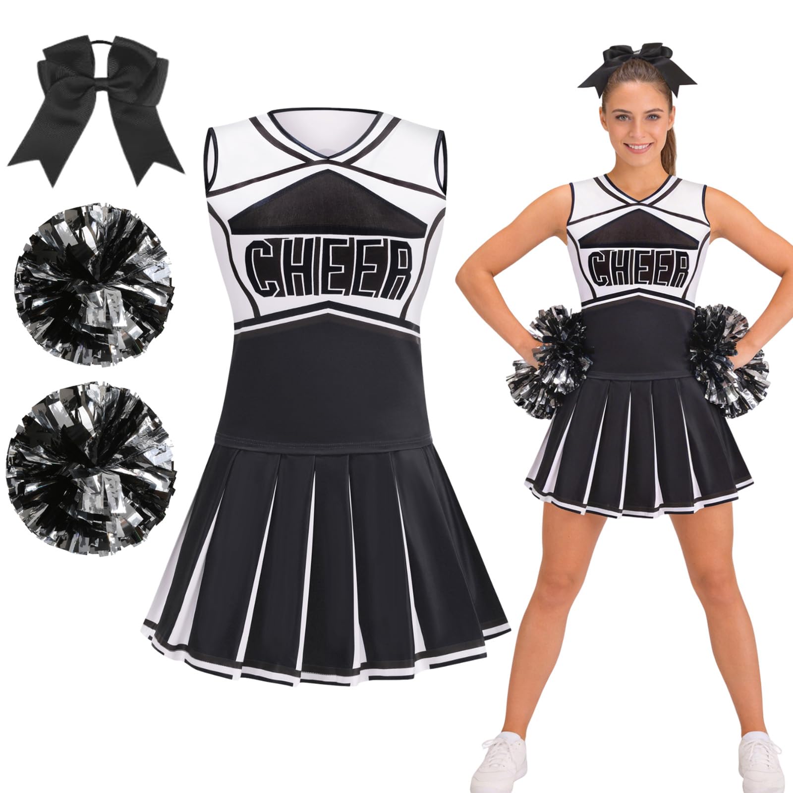 maxToonrain Women Cheerleader Costume 5 PCS Classic Style Adults Cheerleader Outfit with Pom Poms, Top, Skirt, Stockings and Headband for 2026 High School Musical Events Halloween (Black, L)