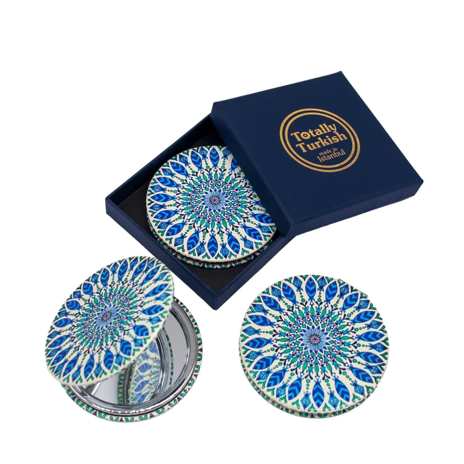 Totally Turkish Metal Compact Mirror – Small Folding Round Mirror With Magnetic Close – 1x & 2x Magnification – For Handbags, Make-Up, Travel & Commutes – Bright & Funky Geometric Pattern (Amphora)