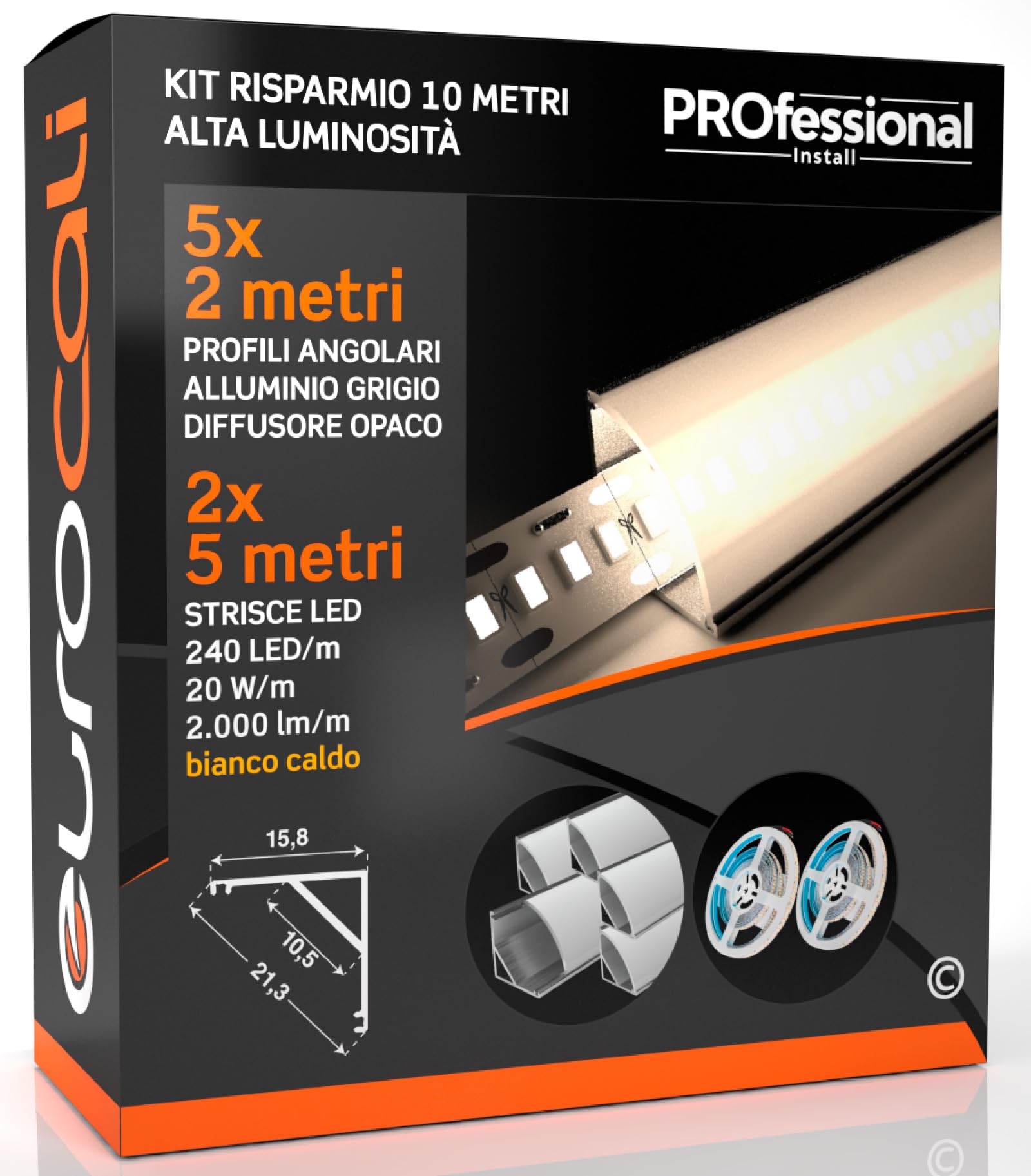 Eurocali 5 Corner Profiles 2 meters (10mt) Aluminium + 10mt LED Strip 12V 240 LED/mt 20W 2000 lumens - Warm White 3000k