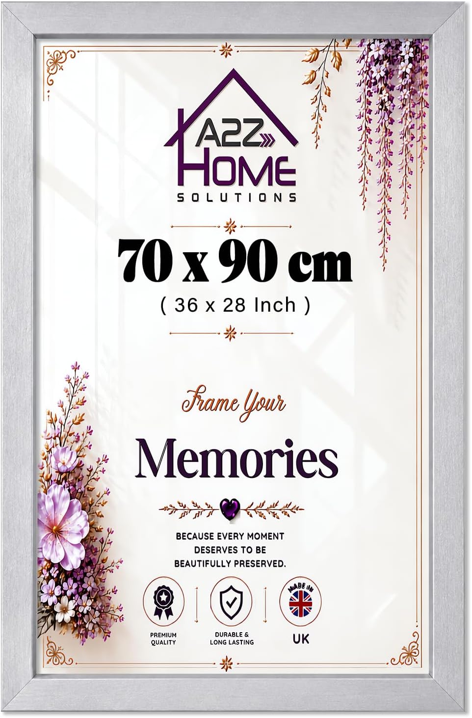 Wall Photo Frame Silver 70x90 cm Frame With 80x60 cm Mount Picture Poster Print With Clear HD Perspex 30x15 MM Moulding Mounting Hooks MDF Backboard