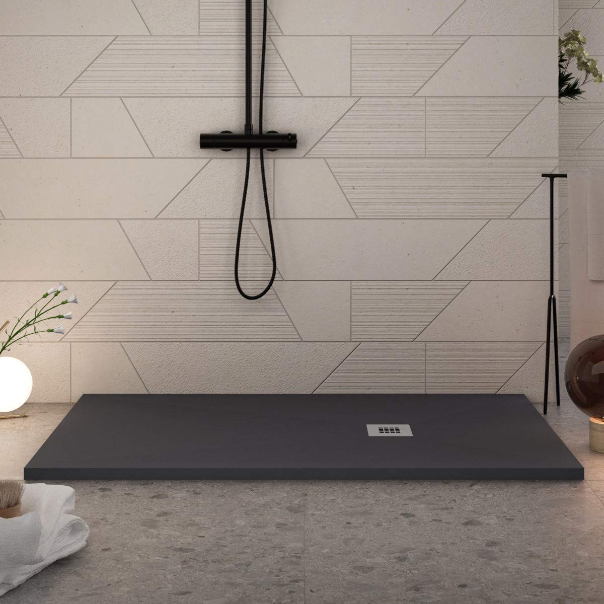 Luminosa ArredoBagno Piatto Doccia Marmoresina 70x140 - Effetto Pietra Antiscivolo con GELCOAT - Modello MARMOTEK Colore Nero - Griglia in Acciaio e piletta Incluse