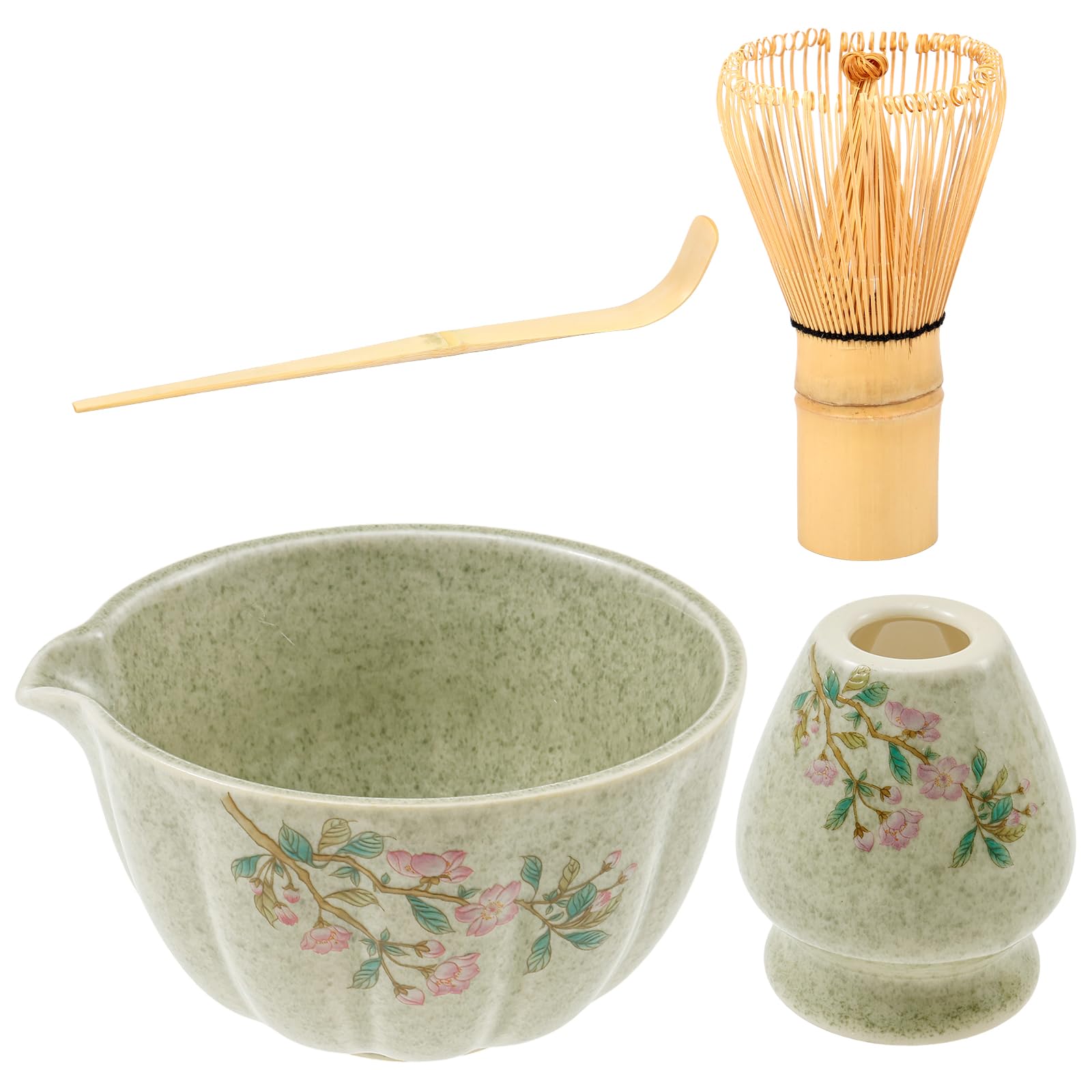 ZJRDYYK 4 Pcs Matcha Whisk Set Include Ceramic Matcha Bowl with Spout and Whisk & Holder, Bamboo Tea Scoop (Green)
