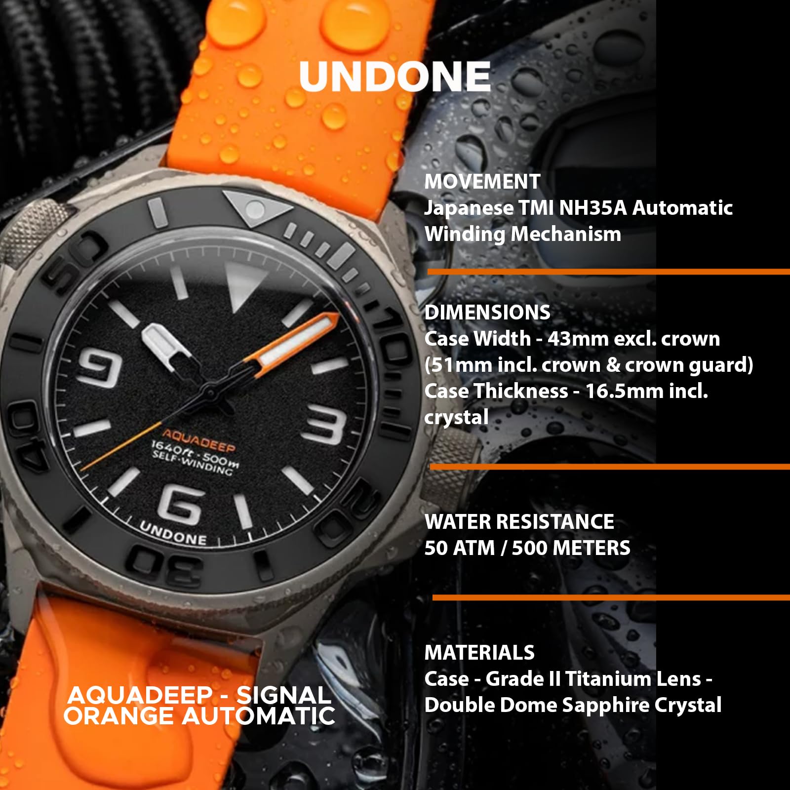 Undone Aquadeep - Reloj de Pulsera automático para Hombre, 43 mm, 500 m, Resistente al Agua, Correa de Goma, Titanio, 43mm, Reloj de Buceo