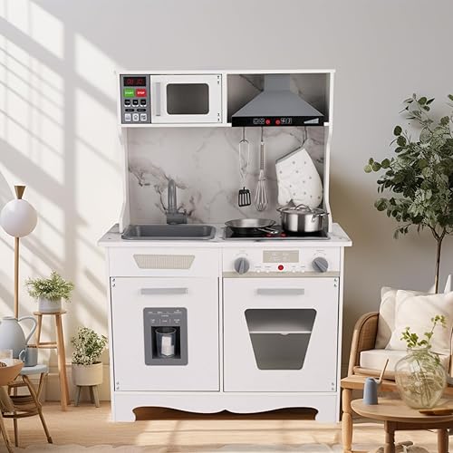 Miniatura 6 de WOODENFUN Juego de cocina para niños, juego de cocina de madera para niños, juego de cocina de chef con luces y sonidos reales, juguetes de cocina