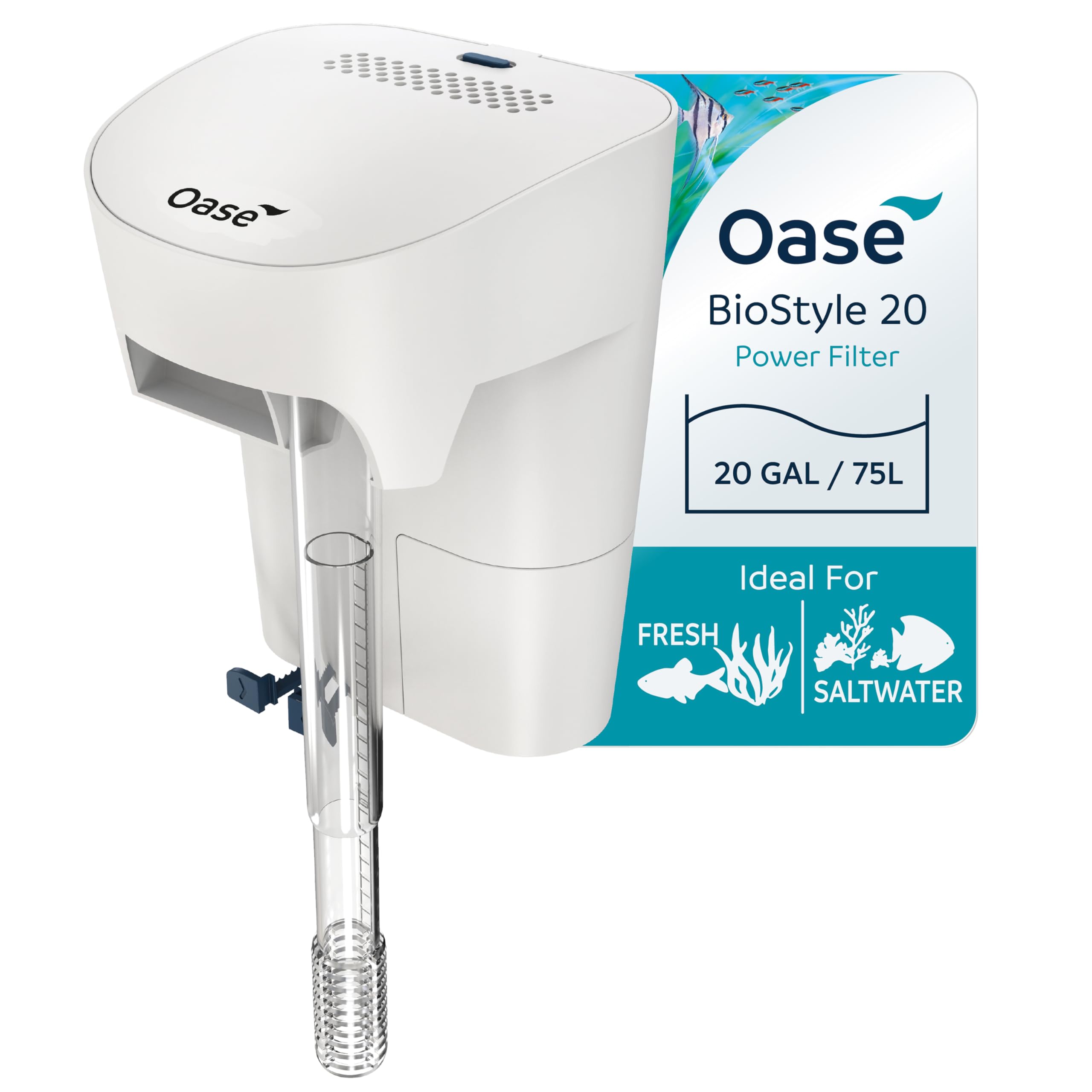OASE BioStyle Power Filter for Aquariums up to 20 gallons, Multi-stage Filtration, Easy Maintenance, Quiet Hang on Back Filter, White
